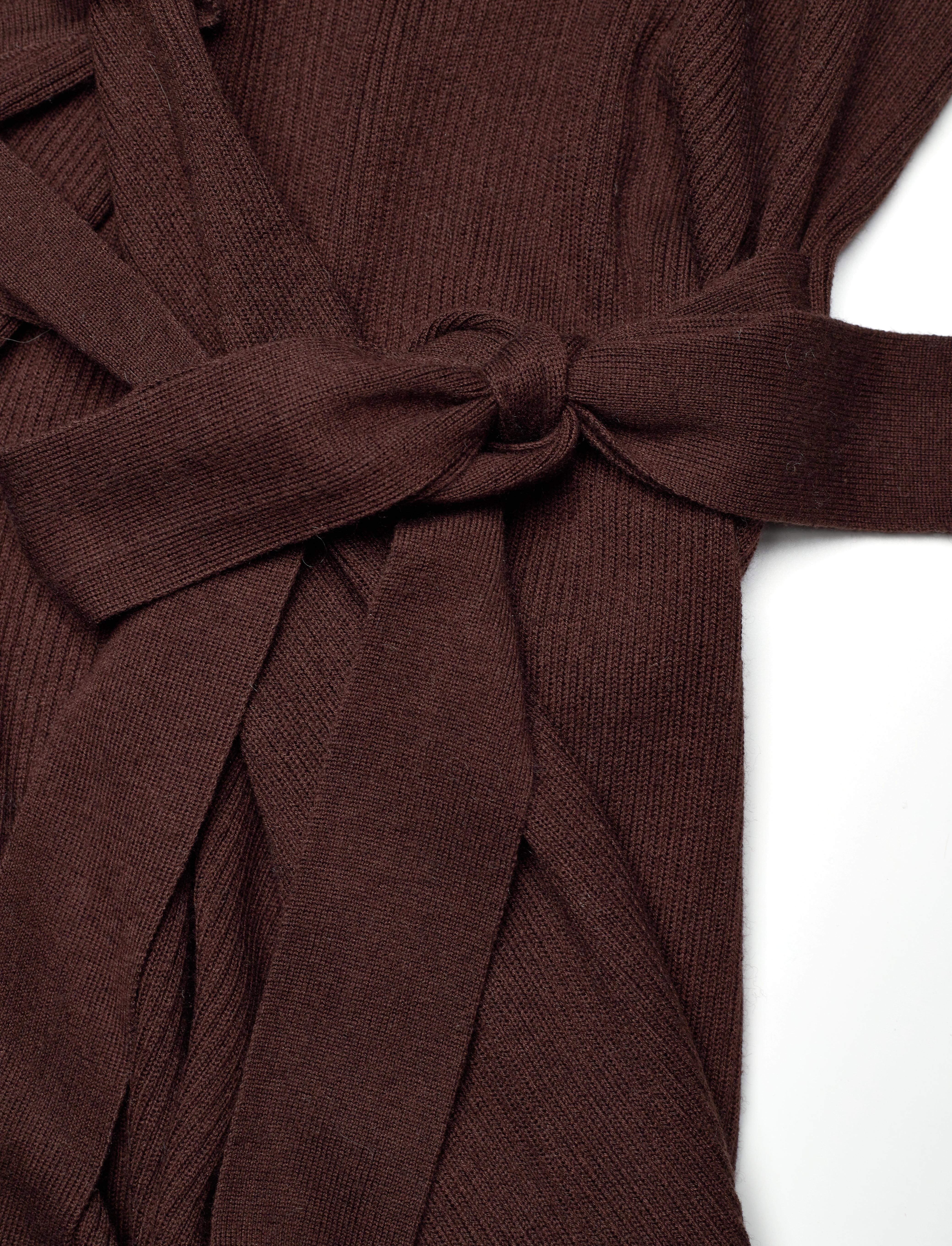 Davida Cashmere - Fine Knit Rib Wrap Midi Dress - walnut - 3