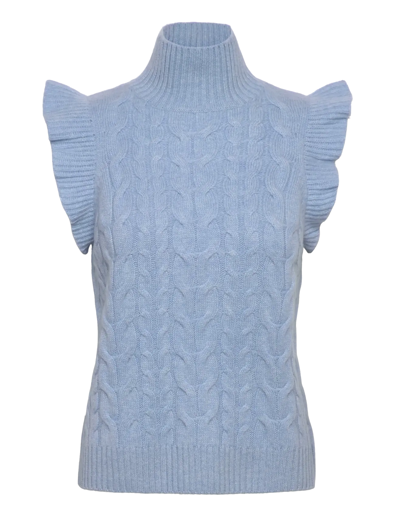 Davida Cashmere Roll Neck Frill Cable Vest - Transitional Layering - BLUE FOG / blue