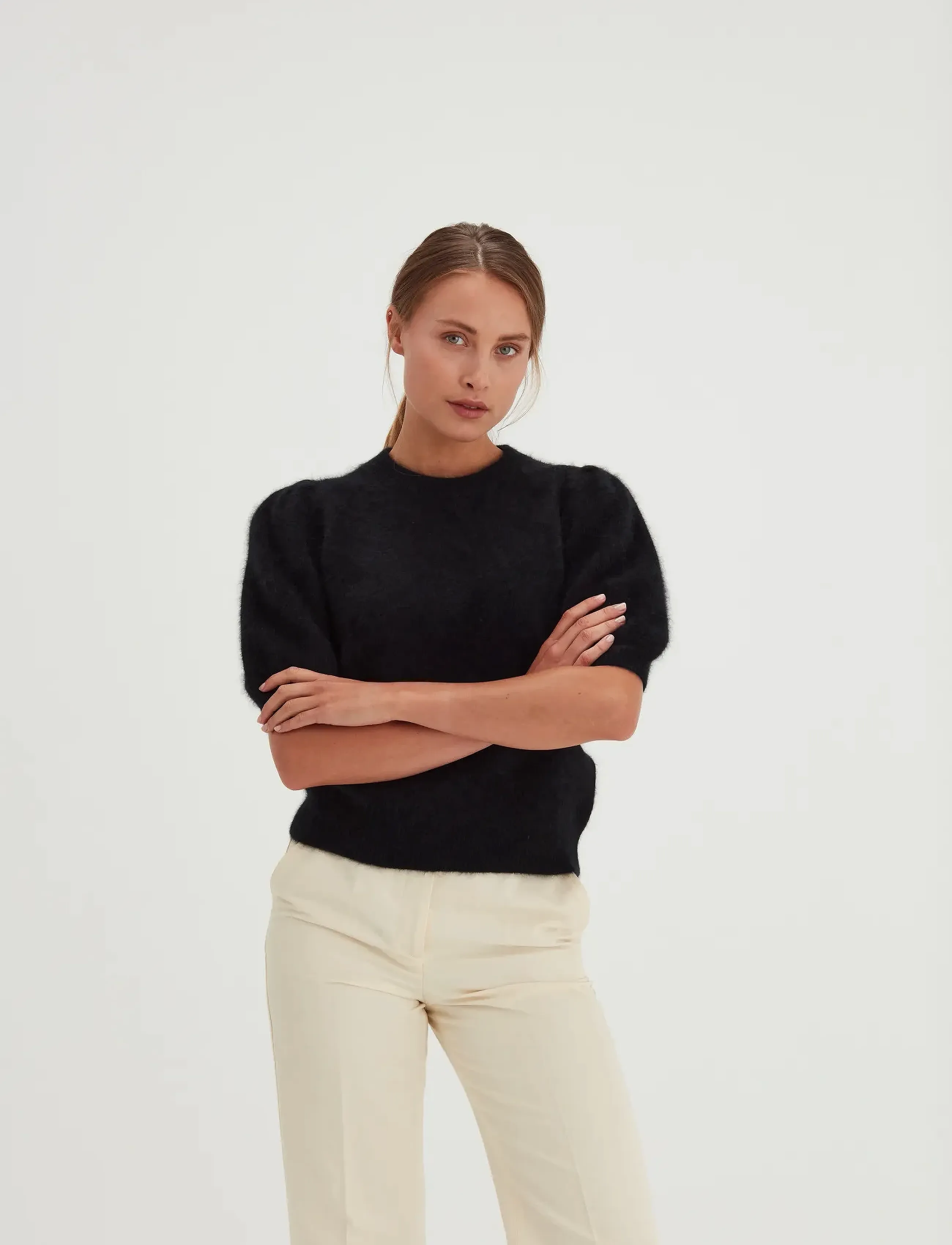 Davida Cashmere Brushed Puff Sleeve T-shirt - T-shirts & Toppar - BLACK / black