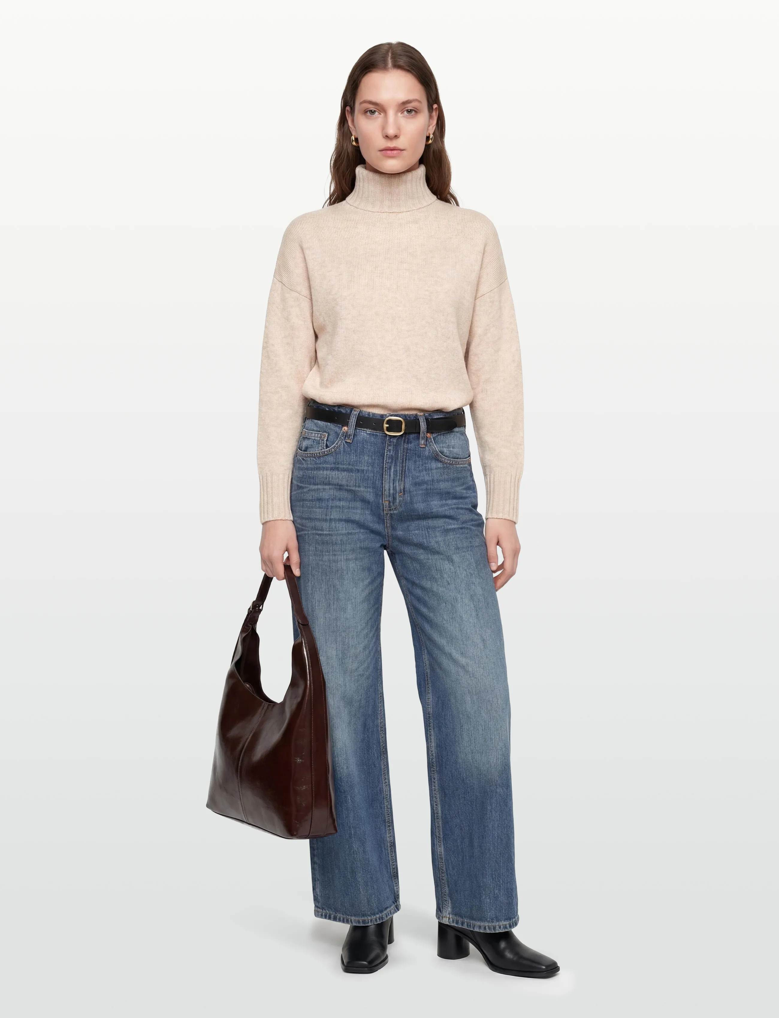 Davida Cashmere Turtleneck Oversized Slits, Kvinder, Oversize Rullekrave Sweater, Beige, Str: S