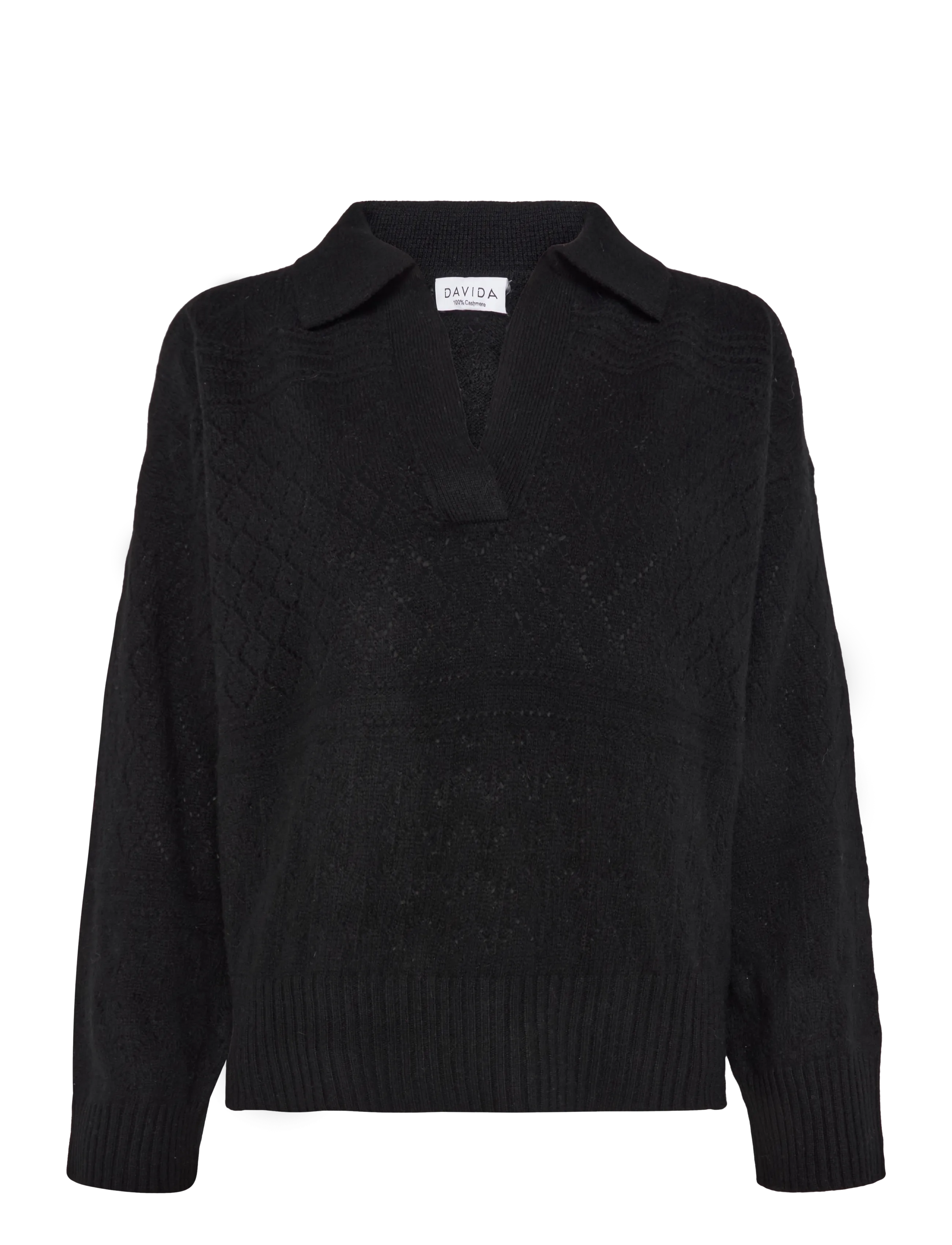 Davida Cashmere Lace Knitted Open Collar Sweater - Davida Cashmere - BLACK / black