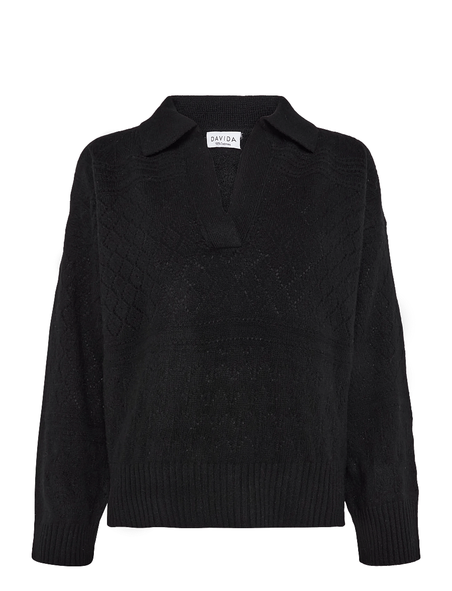 Davida Cashmere - Lace Knitted Open Collar Sweater - kashmir - black - 0