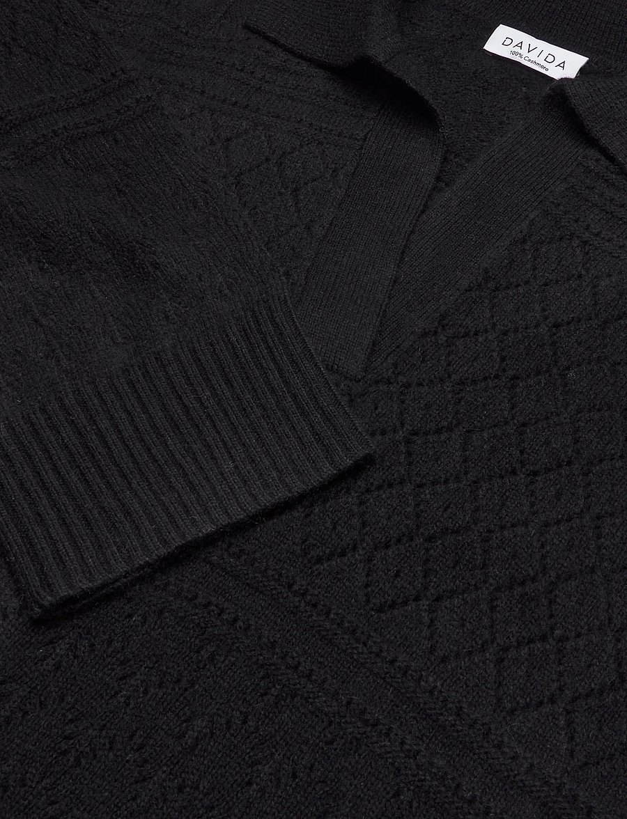 Davida Cashmere - Lace Knitted Open Collar Sweater - kashmir - black - 2