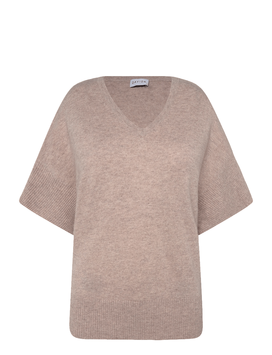 Davida Cashmere - V-Neck Oversized Short Sleeve Sweater - cashmere - sand - 0