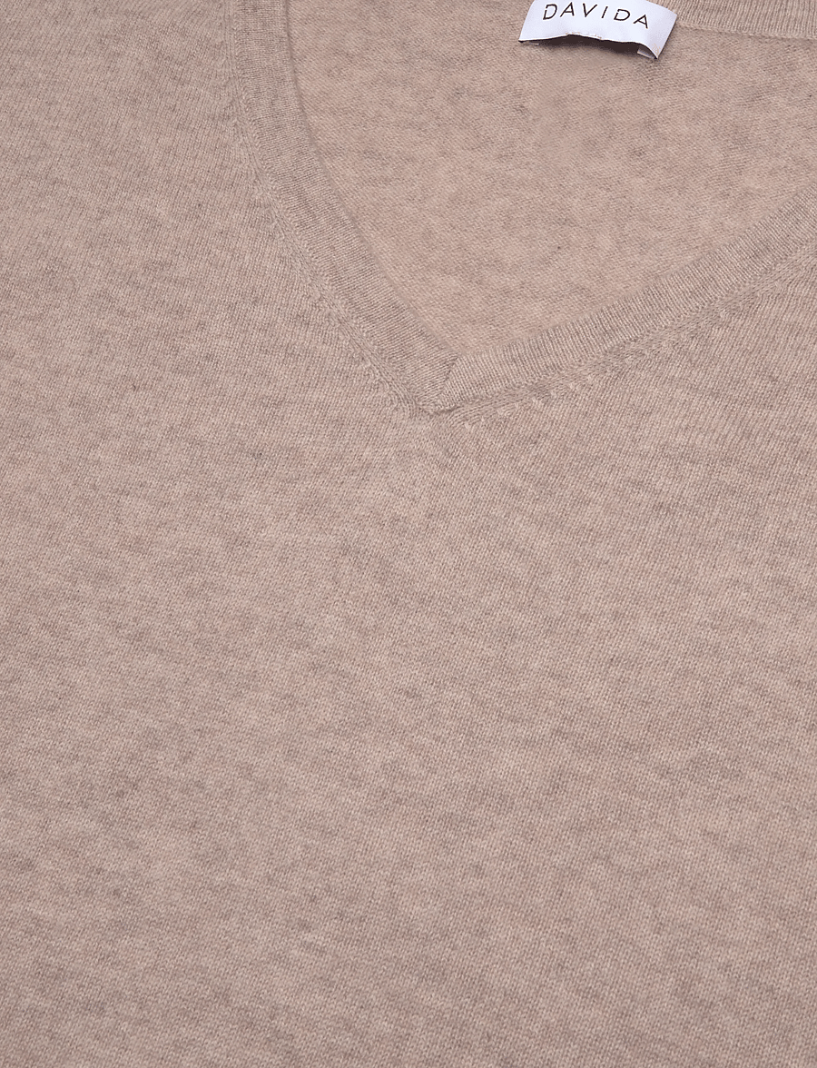 Davida Cashmere - V-Neck Oversized Short Sleeve Sweater - cashmere - sand - 2