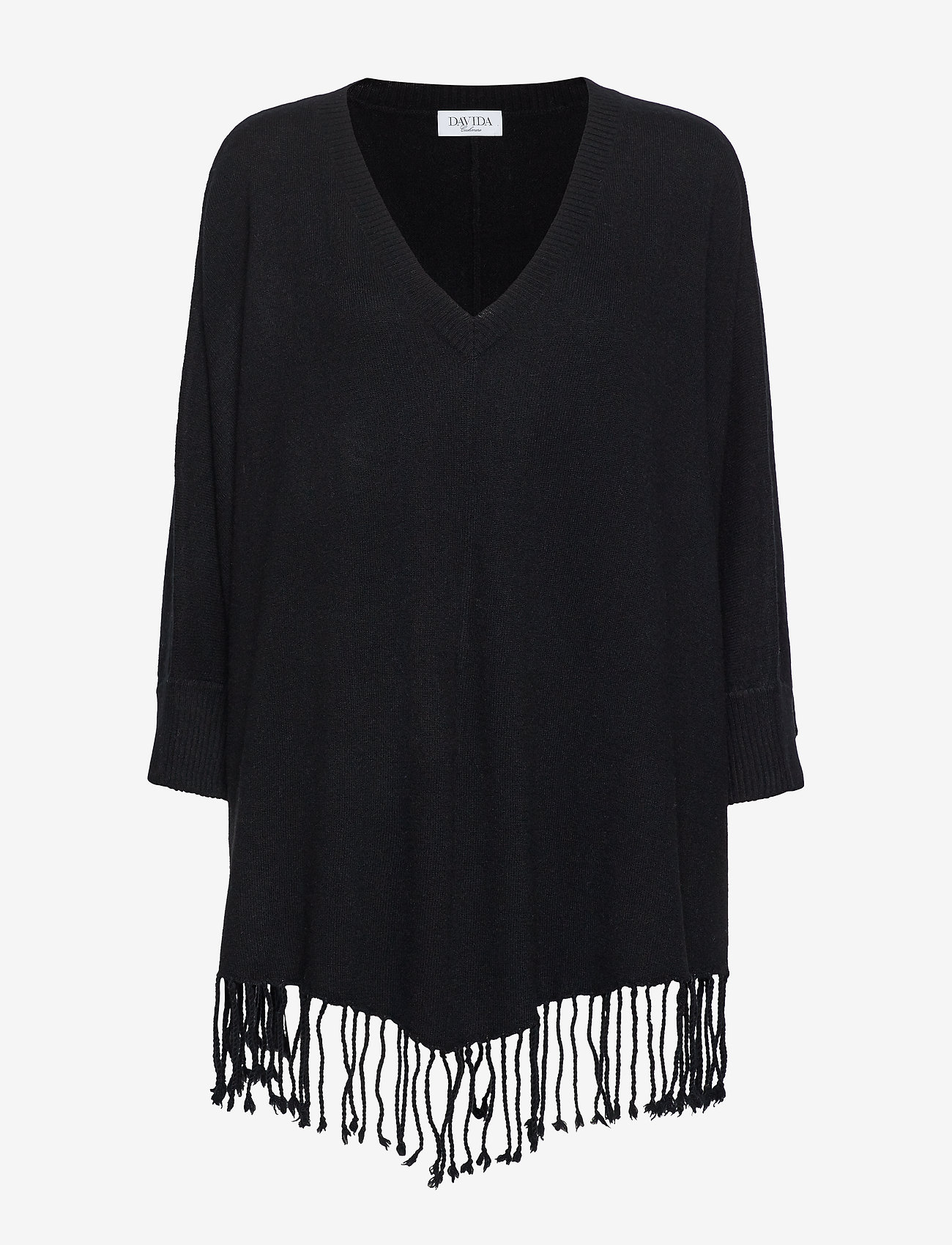 Davida Cashmere - V-neck Poncho Sleeves Fringes - black - 0