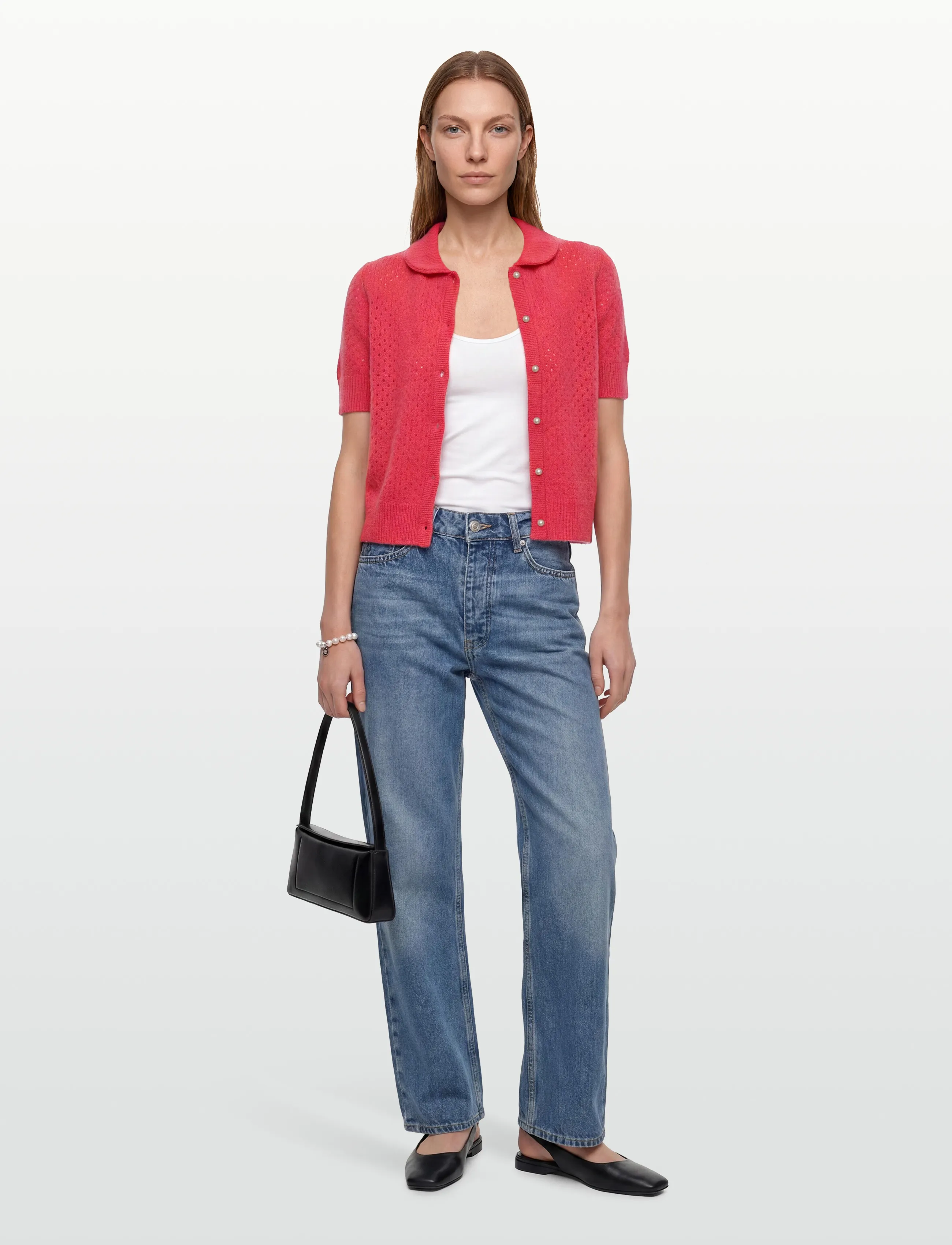 Davida Cashmere Mesh Knitted Short Sleeve Cardigan, L, Knitwear, Koralle - Cardigans, Frauen