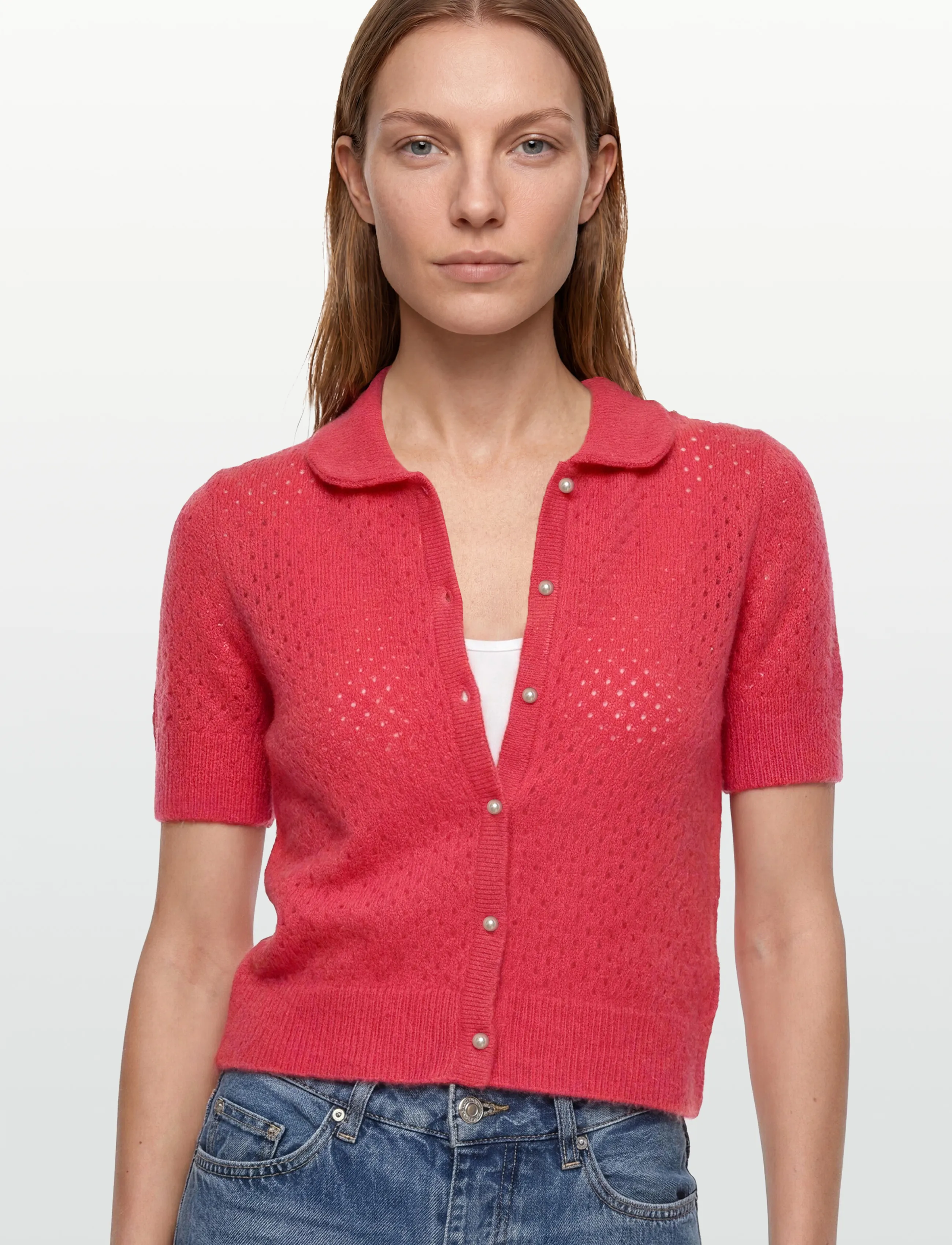 Davida Cashmere - Mesh Knitted Short Sleeve Cardigan - kashmir - intense corall - 3