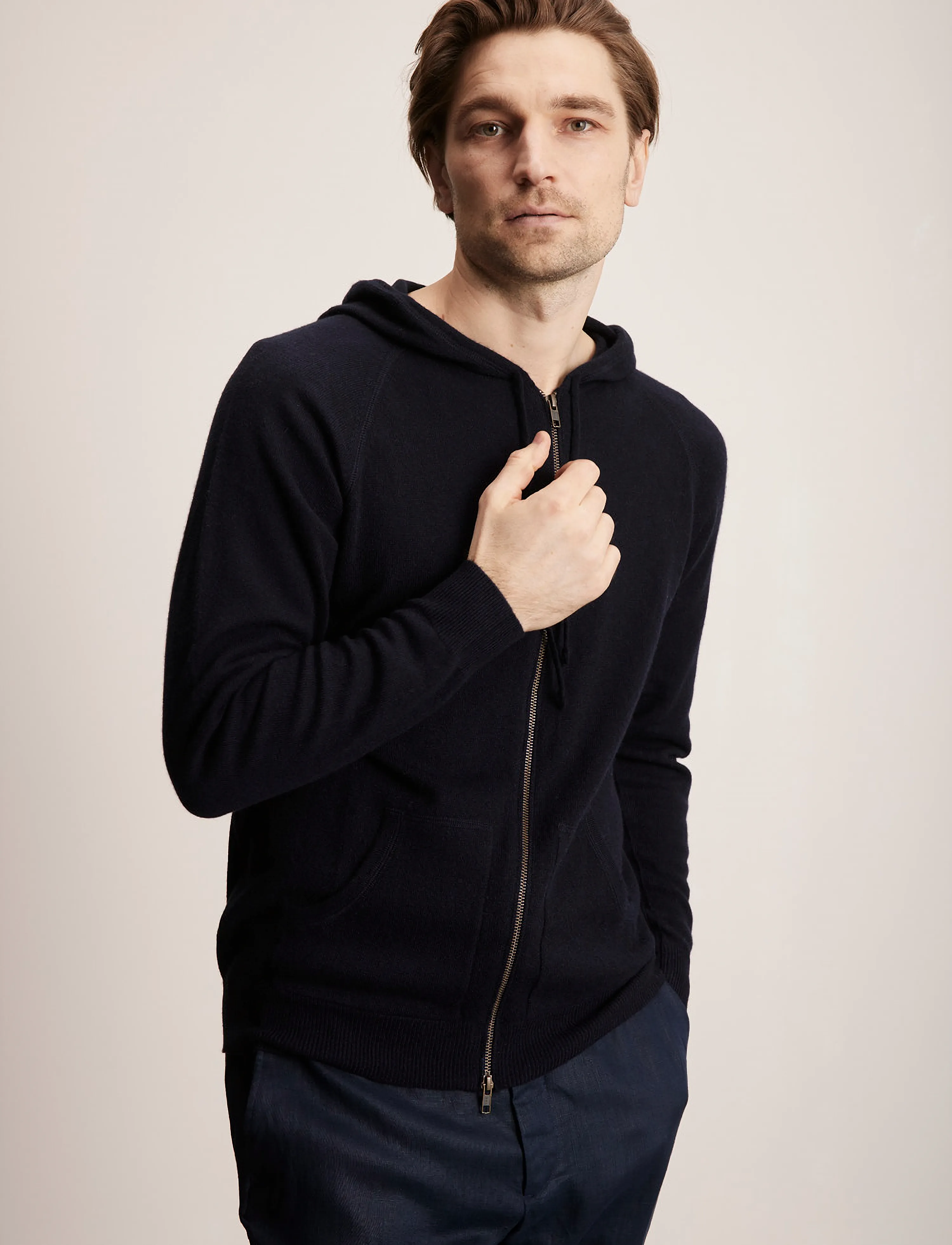 Davida Cashmere Man Hood, L, Knitwear, Marineblau - Full Zip Jumpers, Männerswear