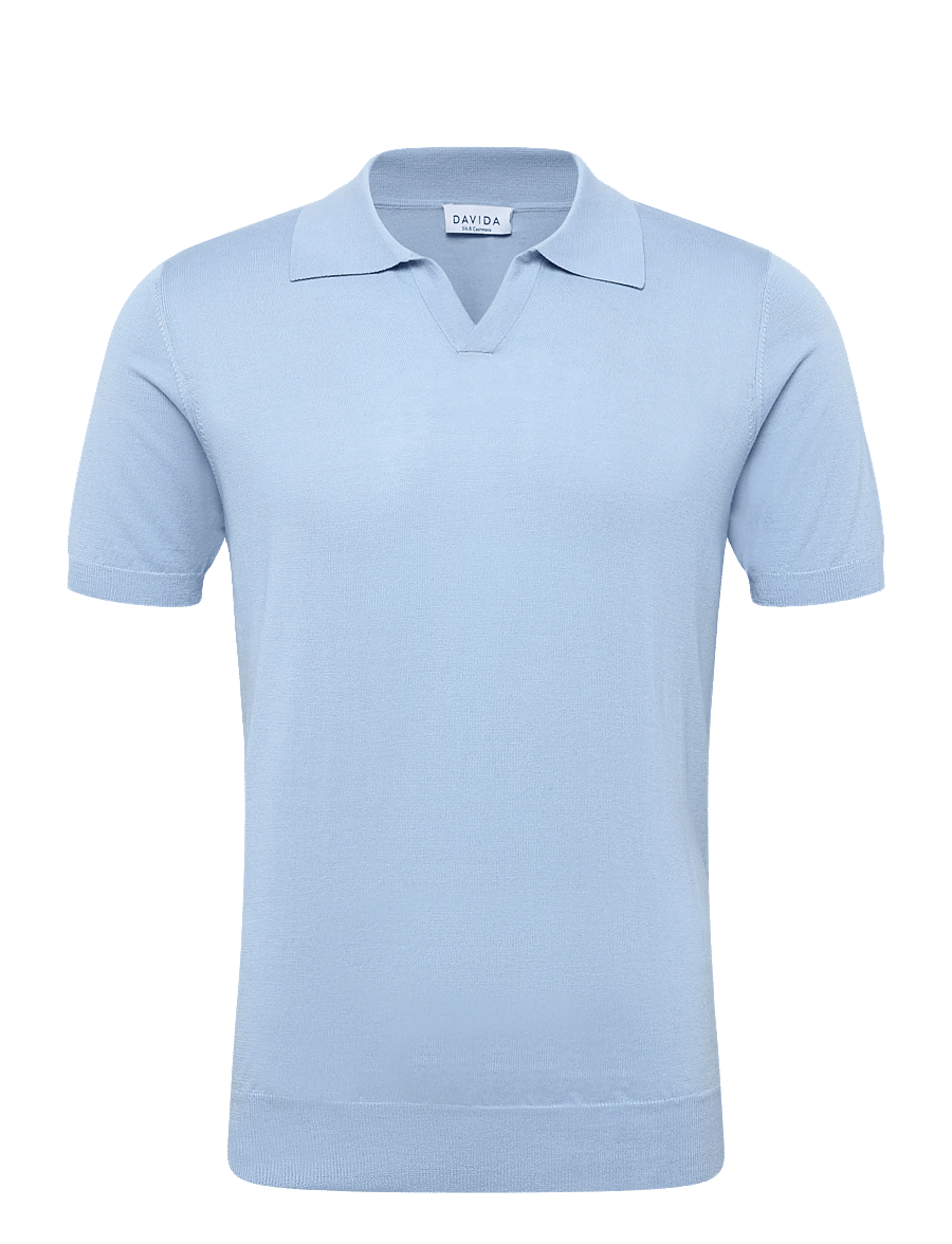 Davida Cashmere - Man Fine Knit Open Collar T-shirt - langärmlige strick-polohemden - light blue - 1