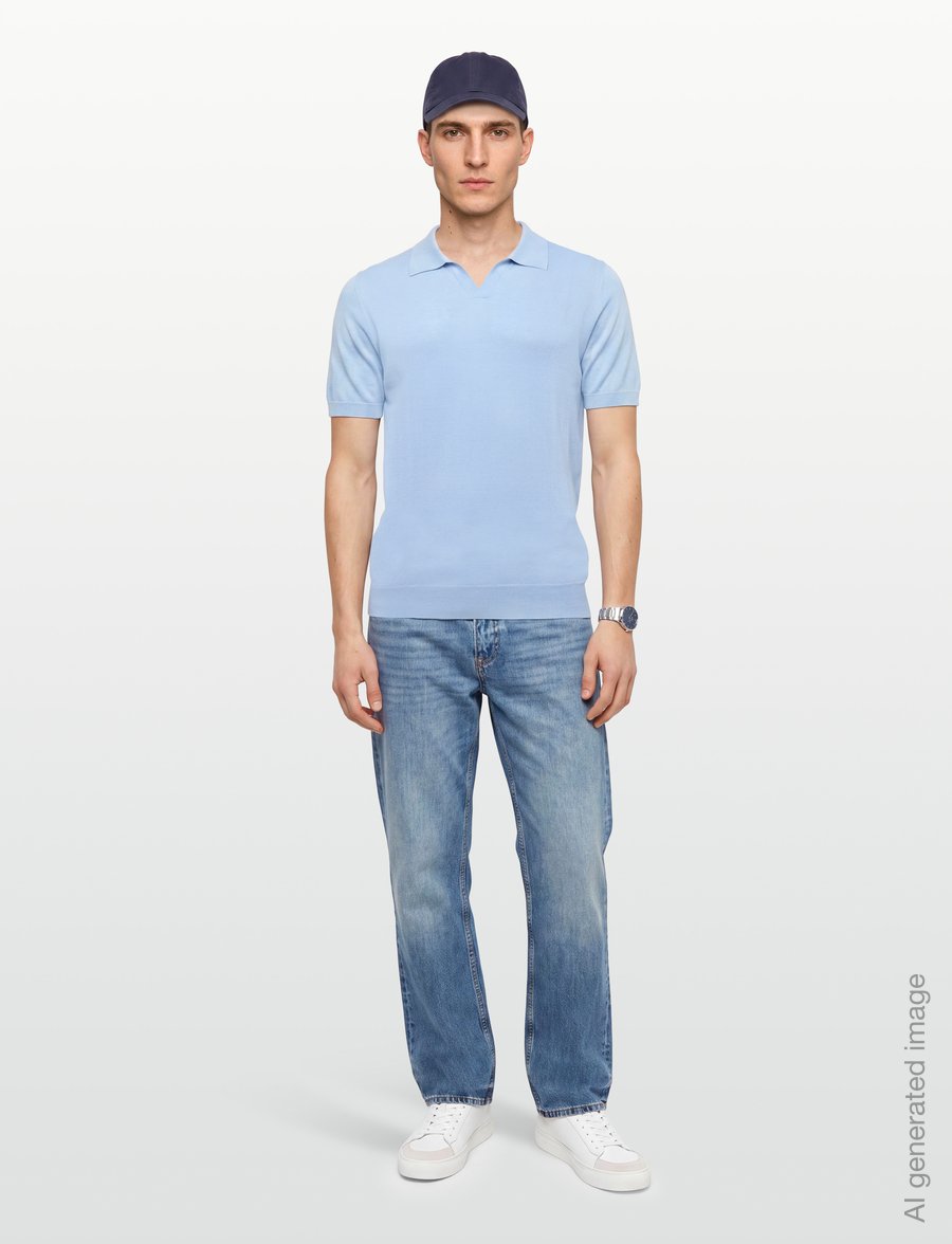 Davida Cashmere - Man Fine Knit Open Collar T-shirt - langärmlige strick-polohemden - light blue - 0