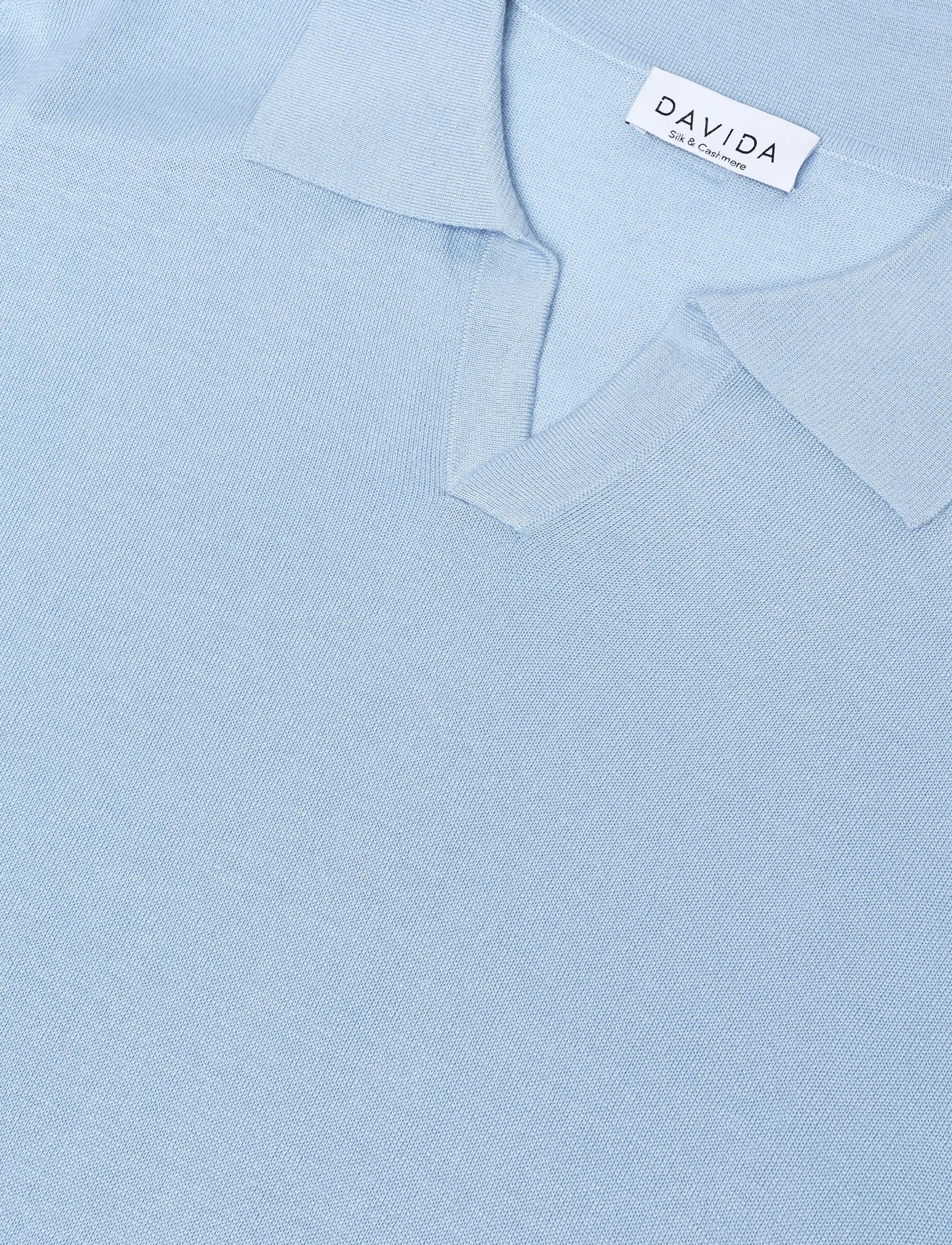 Davida Cashmere - Man Fine Knit Open Collar T-shirt - langärmlige strick-polohemden - light blue - 5