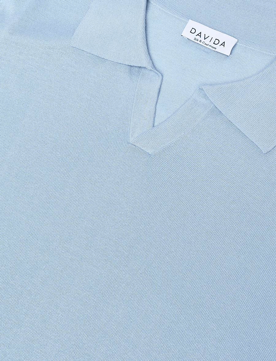 Davida Cashmere - Man Fine Knit Open Collar T-shirt - langärmlige strick-polohemden - light blue - 5