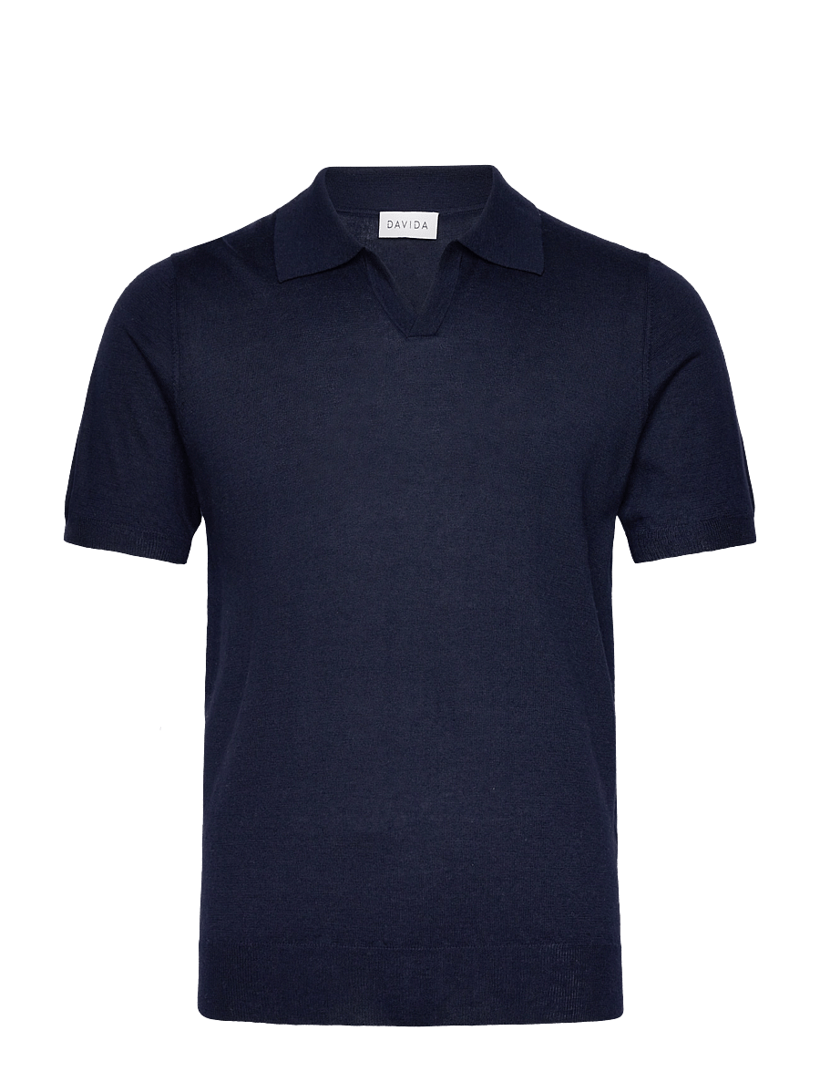 Davida Cashmere - Man Fine Knit Open Collar T-shirt - polostrik - navy - 0
