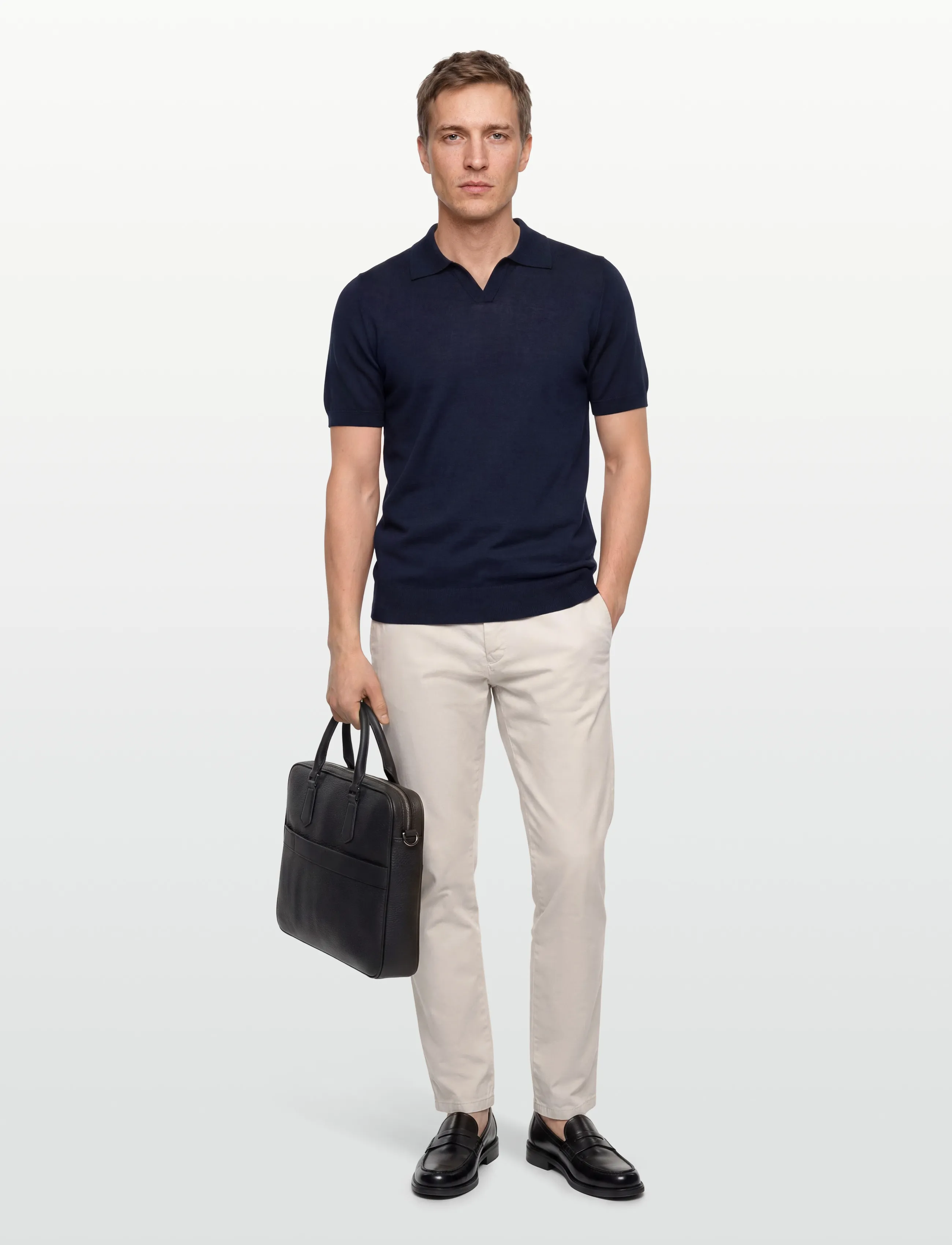 Davida Cashmere Man Fine Knit Open Collar T-Shirt, L, Navy, Strik > Kortærmede Strikkede Poloer, Herre