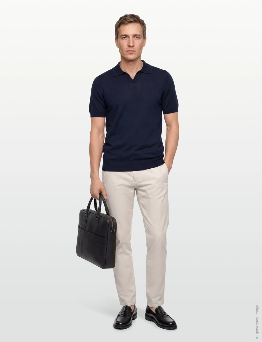 Davida Cashmere - Man Fine Knit Open Collar T-shirt - stickade pikéer - navy - 0