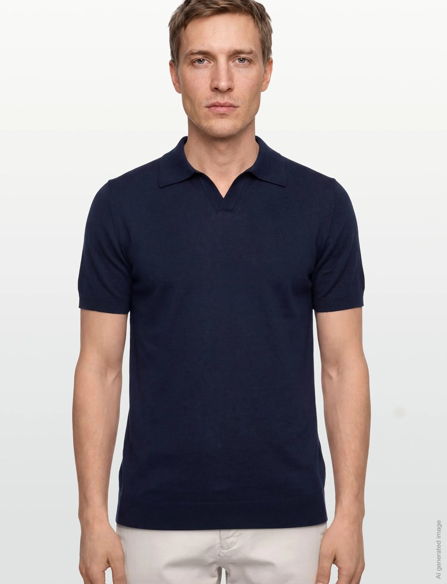 Davida Cashmere - Man Fine Knit Open Collar T-shirt - stickade pikéer - navy - 3