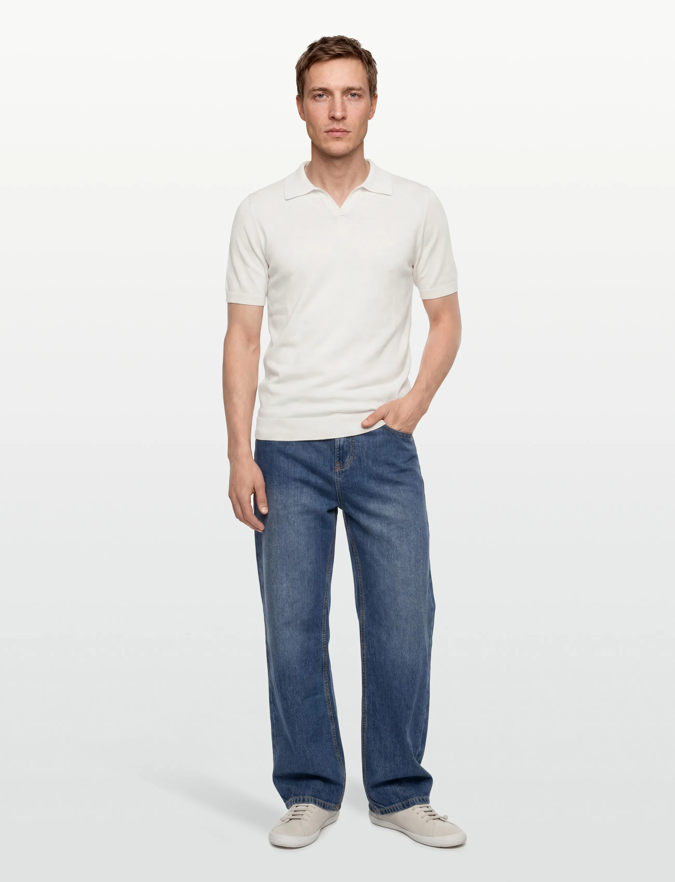 Davida Cashmere Man Fine Knit Open Collar T-Shirt, XL, White, Strik > Kortærmede Strikkede Poloer, Herre