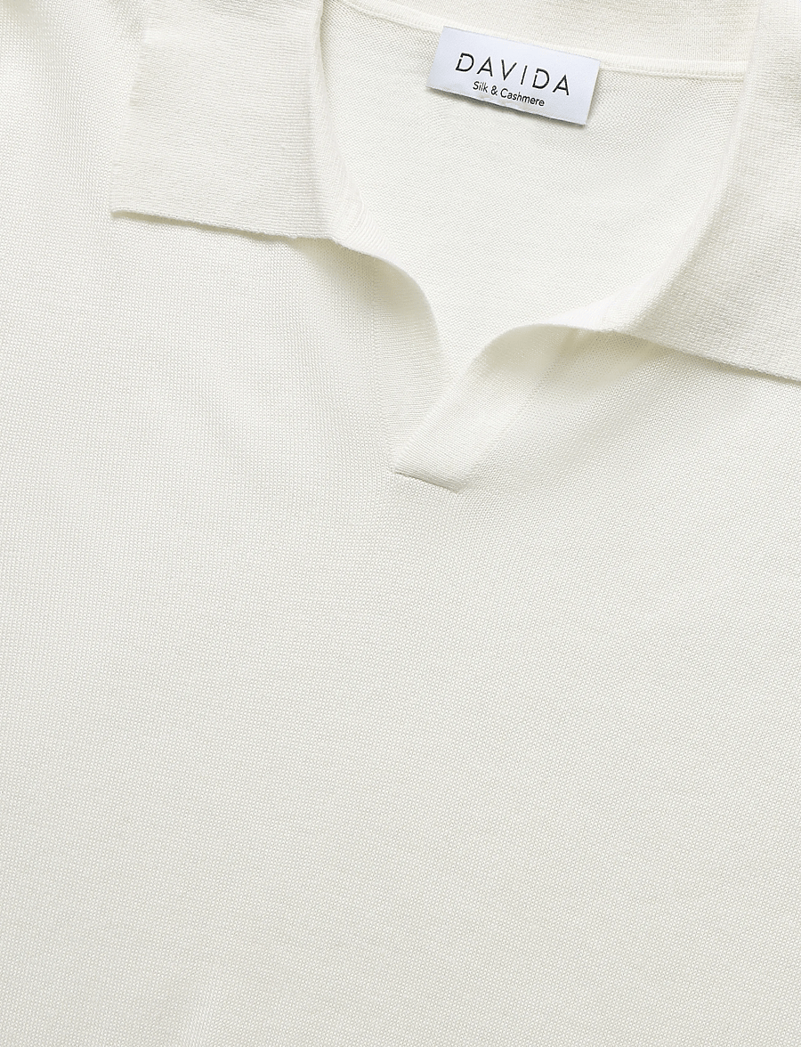 Davida Cashmere - Man Fine Knit Open Collar T-shirt - knitted polos - white - 5