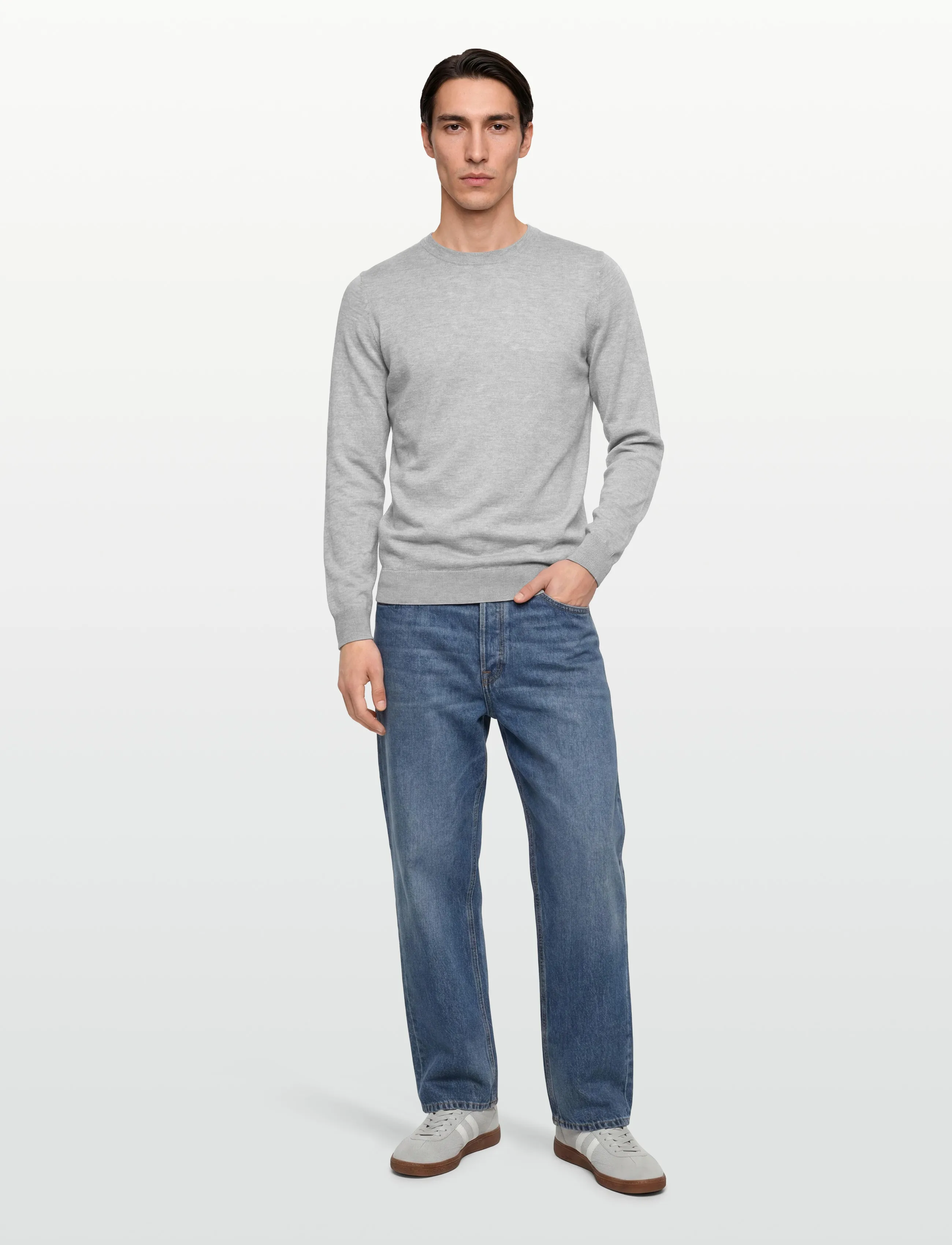 Davida Cashmere Man Fine Knit O-Neck Sweater, S, Knitwear, Grau - Round Necks, Männerswear