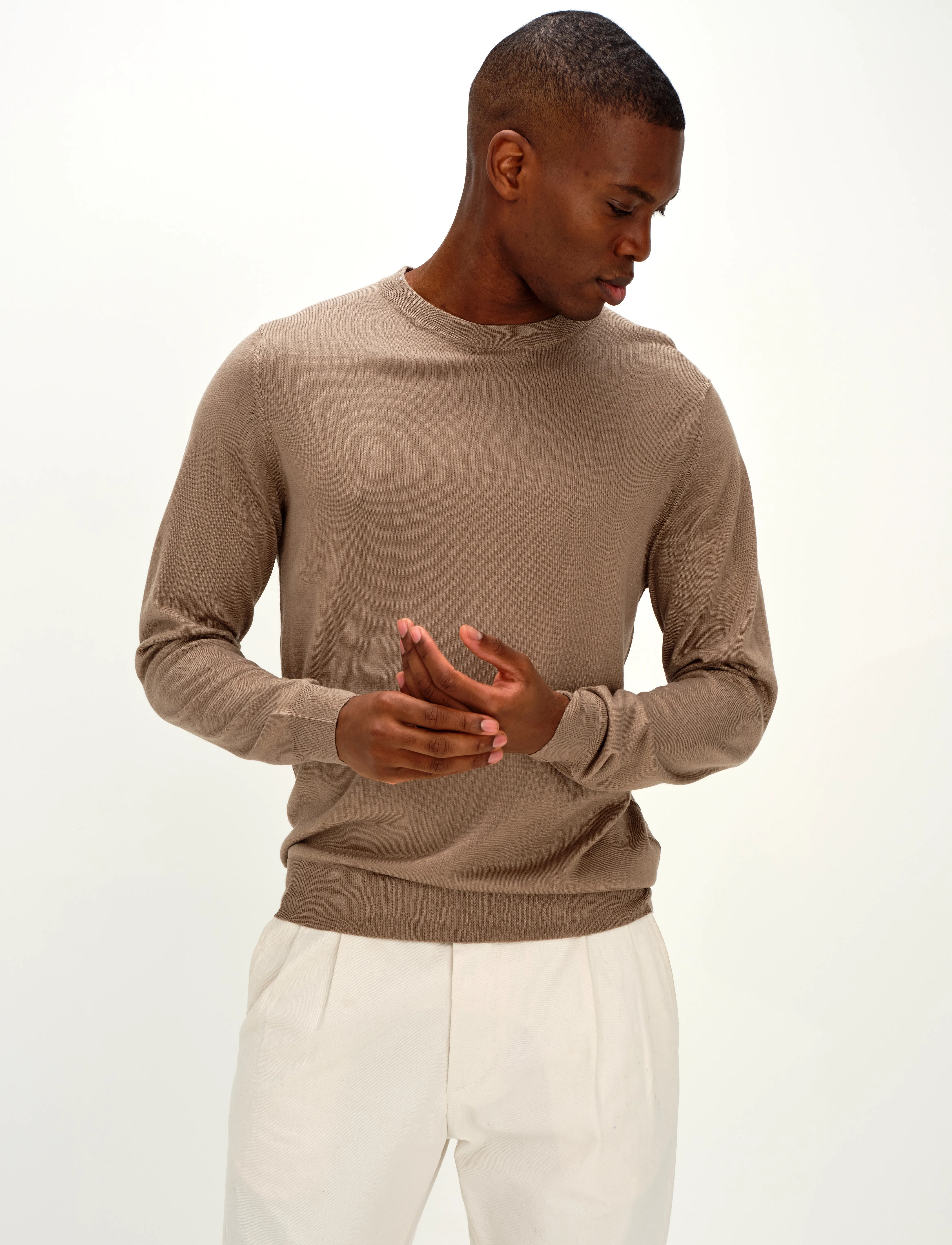 Davida Cashmere Man Fine Knit O-Neck Sweater, L, Knitwear, Beige - Round Necks, Männerswear