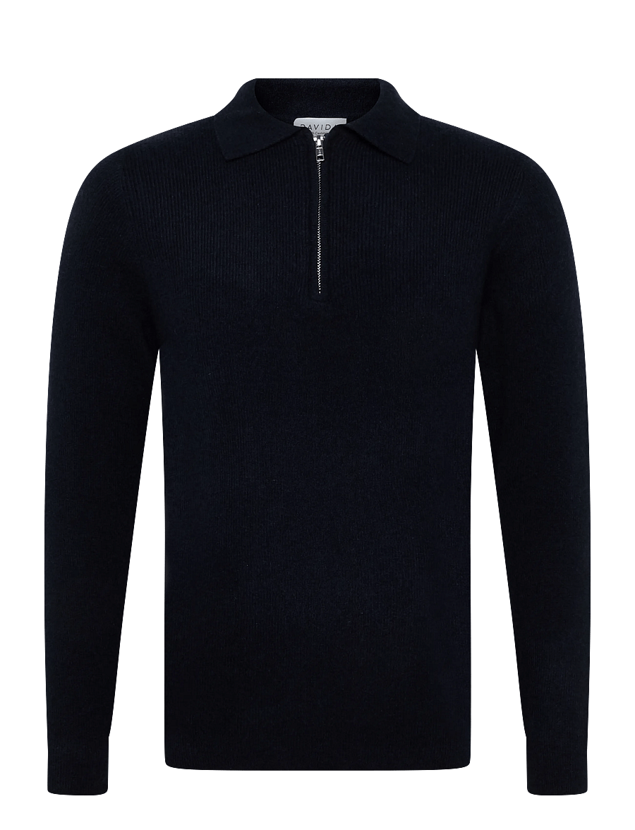 Davida Cashmere - man half zip rib sweater - långärmade pikéer - navy - 0