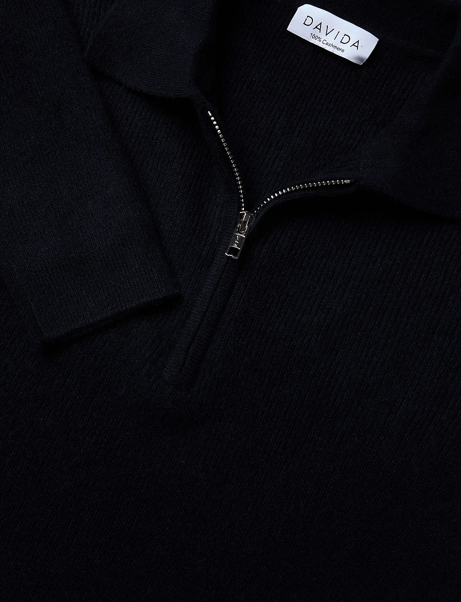 Davida Cashmere - man half zip rib sweater - långärmade pikéer - navy - 2