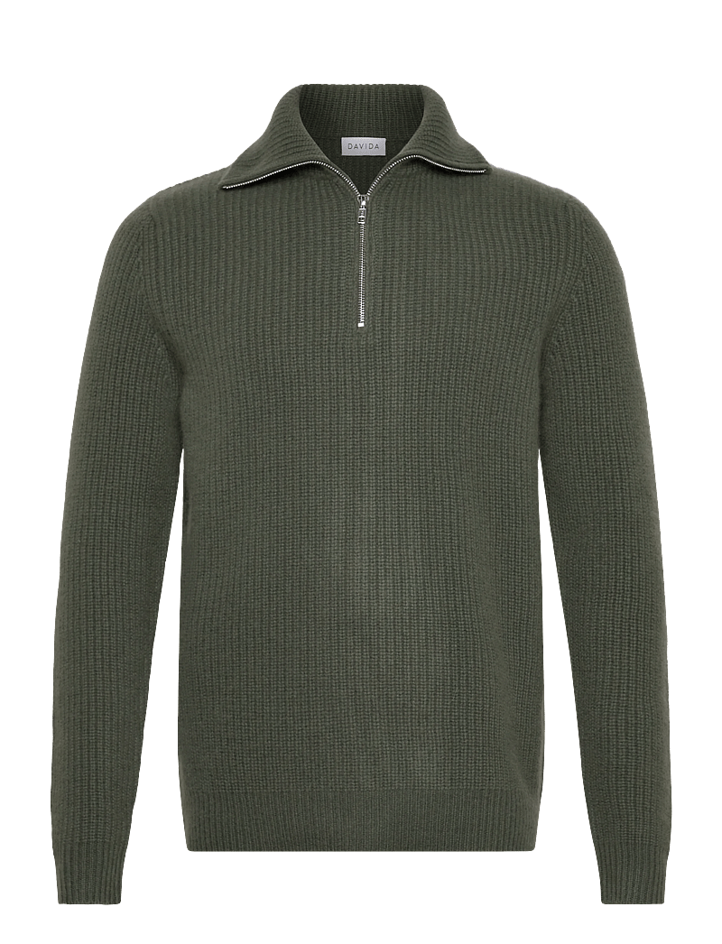 Davida Cashmere - Man Chunky Rib Half Zip - pullover mit halbem reißverschluss - army green - 0