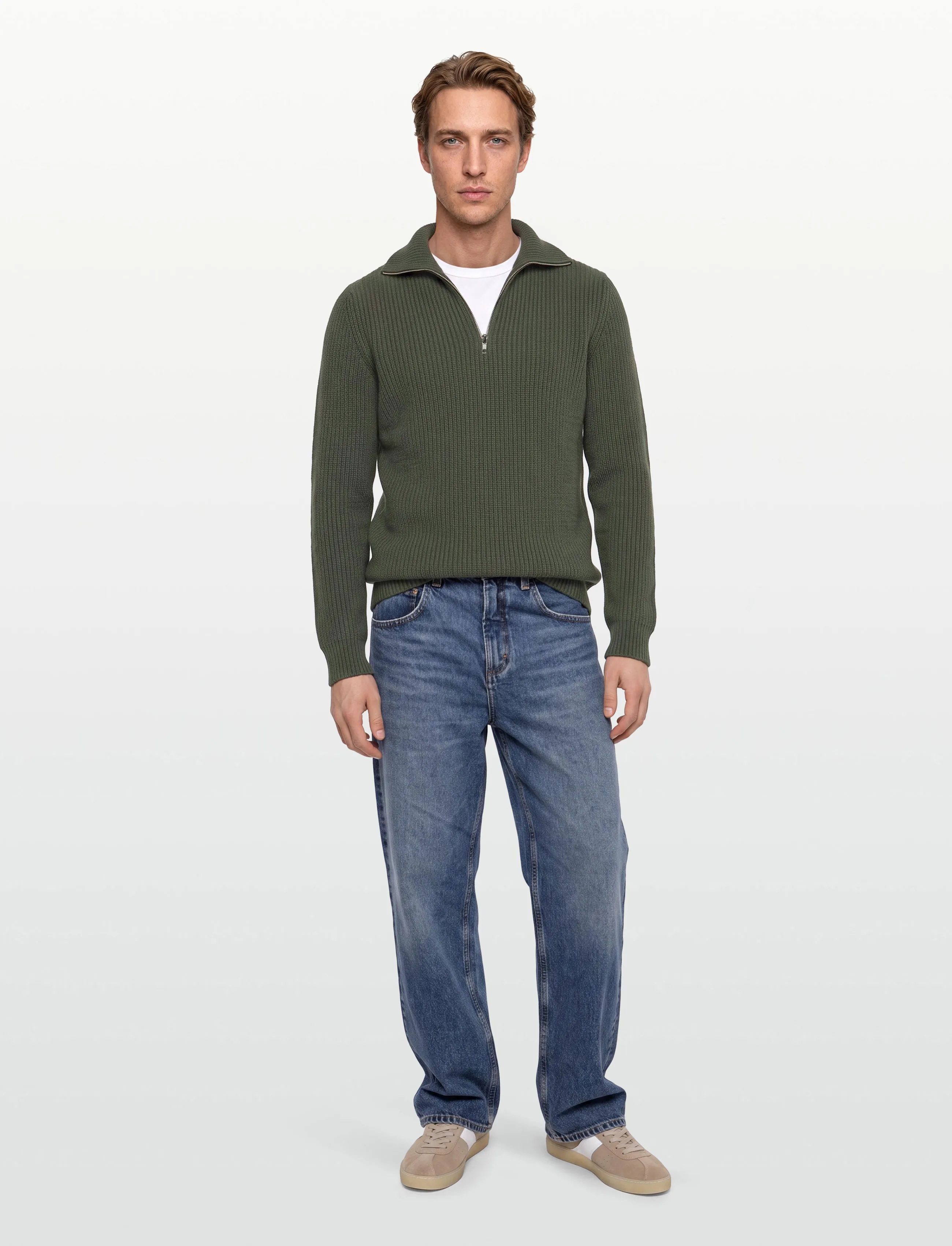 Davida Cashmere Man Chunky Rib Half Zip - Half zip-tröjor - ARMY GREEN / green