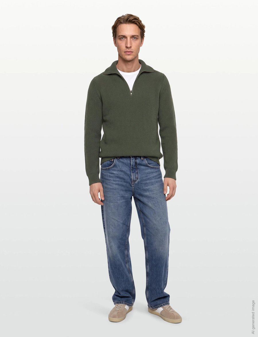 Davida Cashmere - Man Chunky Rib Half Zip - pullover mit halbem reißverschluss - army green - 0