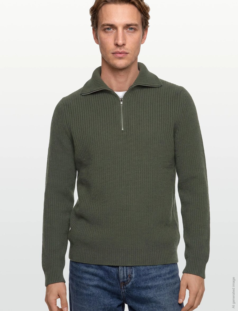 Davida Cashmere - Man Chunky Rib Half Zip - pullover mit halbem reißverschluss - army green - 4