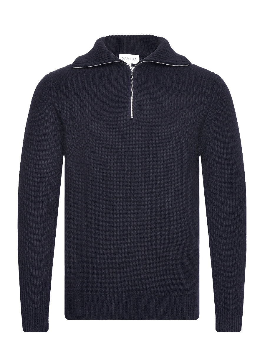 Davida Cashmere - Man Chunky Rib Half Zip - pullover mit halbem reißverschluss - navy - 0