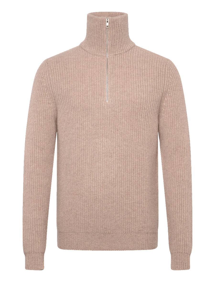 Davida Cashmere - Man Chunky Rib Half Zip - pullover mit halbem reißverschluss - sand - 0