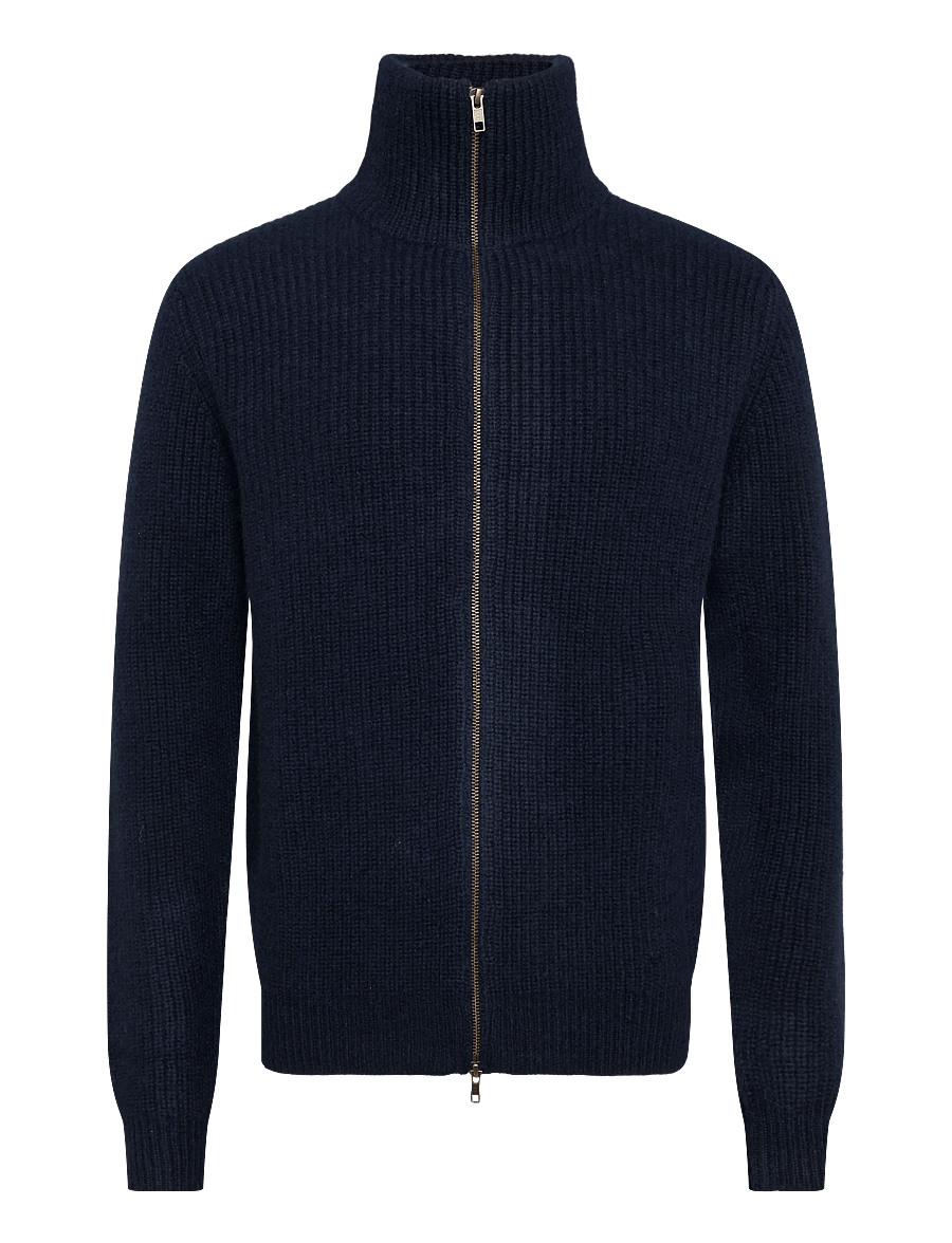 Davida Cashmere - man full zip rib - pullover mit durchgehendem reißverschluss - navy - 1