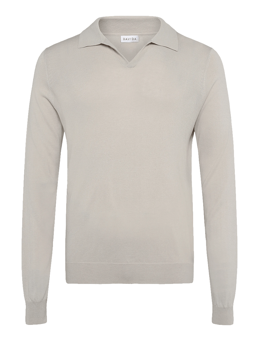 Davida Cashmere - Man Fine Knit Open Collar Sweater - v-kaelusega - light beige - 0