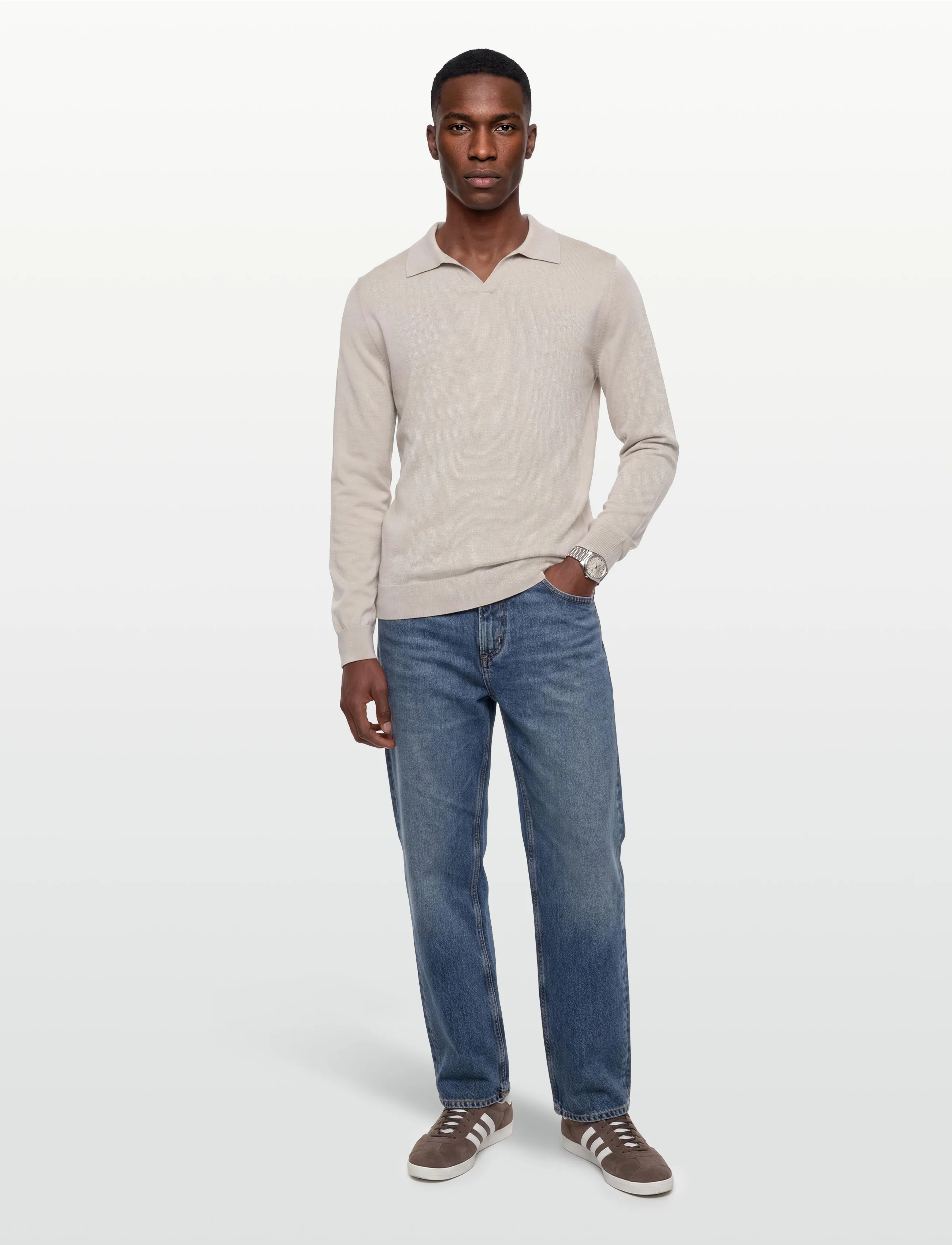 Davida Cashmere Man Fine Knit Open Collar Sweater, XL, Beige, Strik > V-Halse, Herre