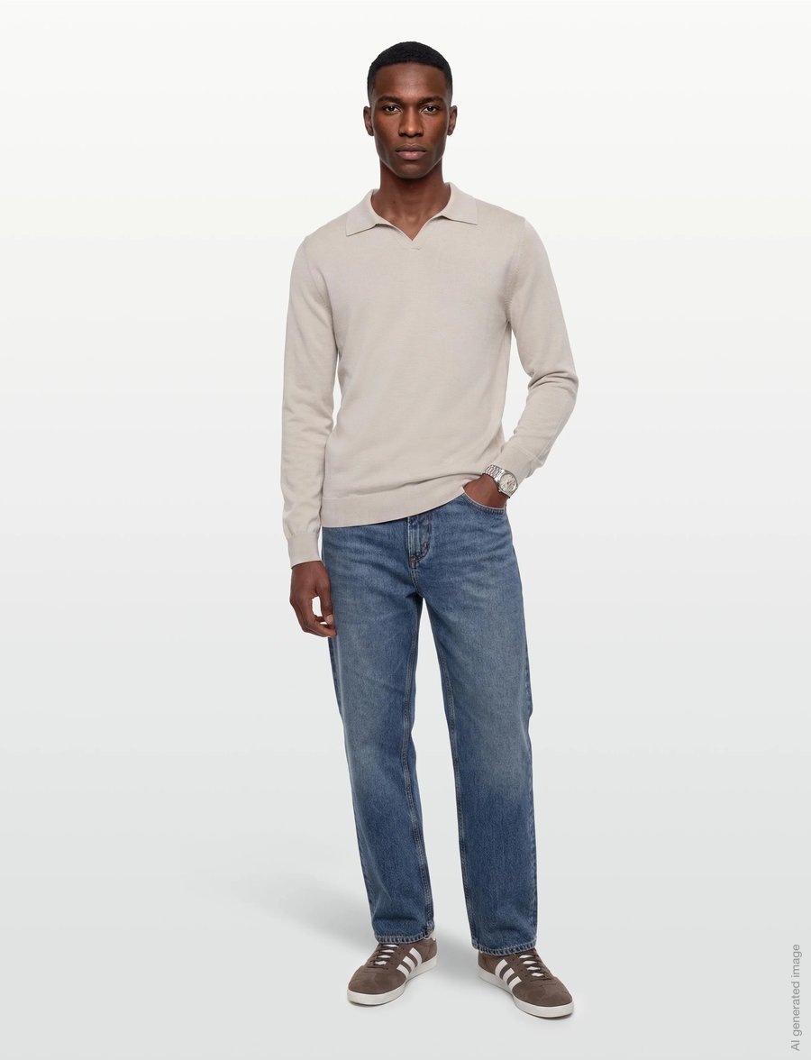 Davida Cashmere - Man Fine Knit Open Collar Sweater - v-ausschnitt - light beige - 0