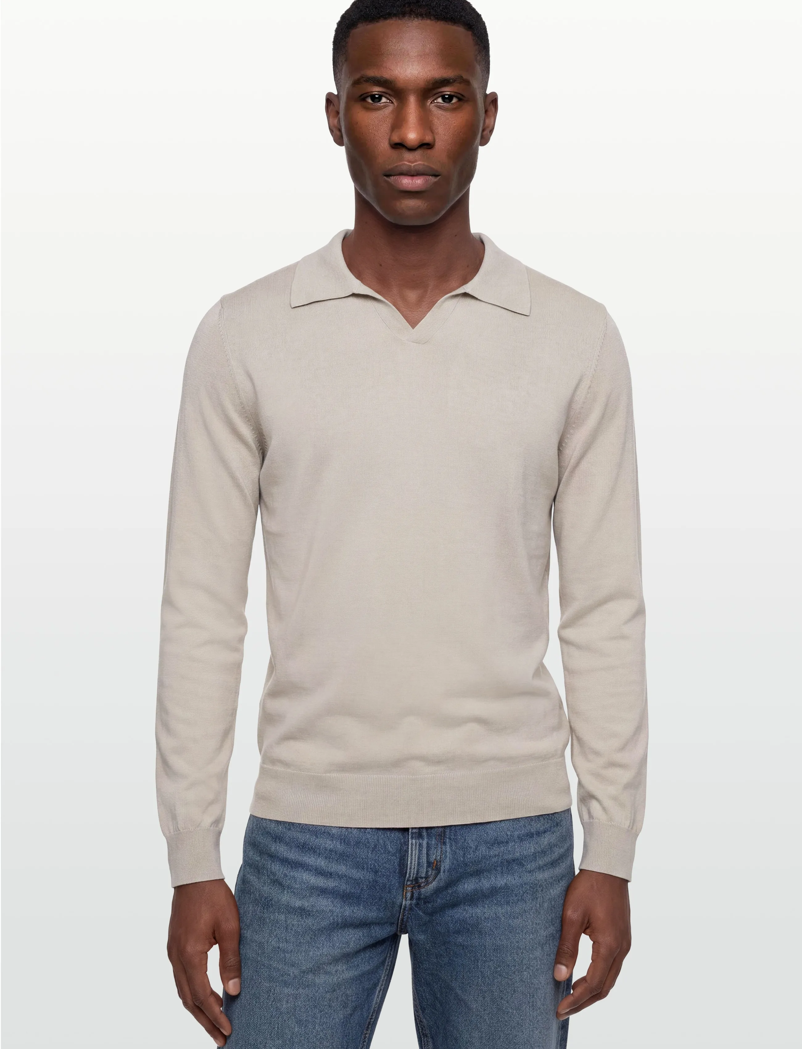 Davida Cashmere - Man Fine Knit Open Collar Sweater - basic knitwear - light beige - 3