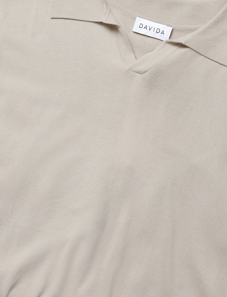 Davida Cashmere - Man Fine Knit Open Collar Sweater - v-kaelusega - light beige - 2