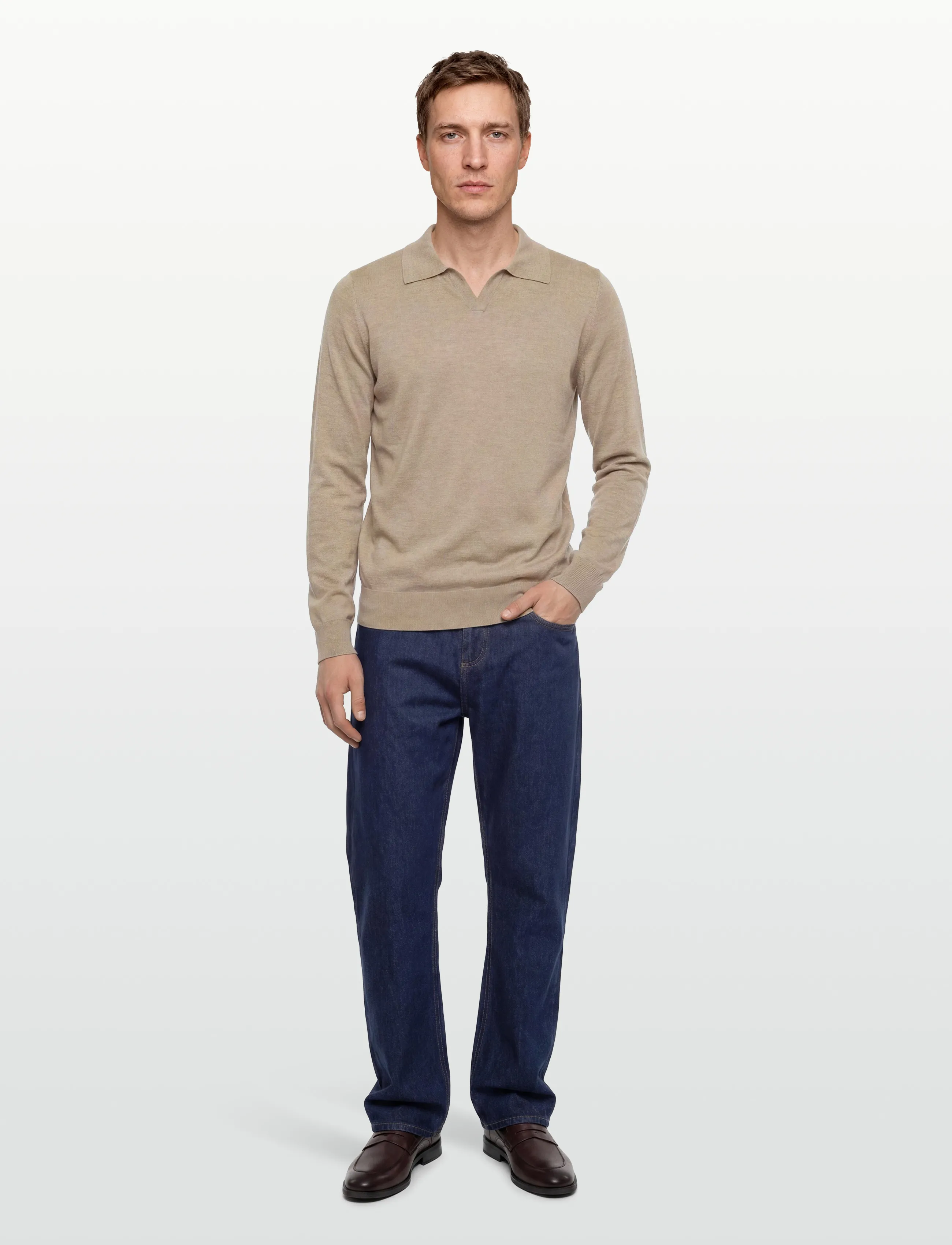 Davida Cashmere Man Fine Knit Open Collar Sweater, M, Beige, Strik > V-Halse, Herre