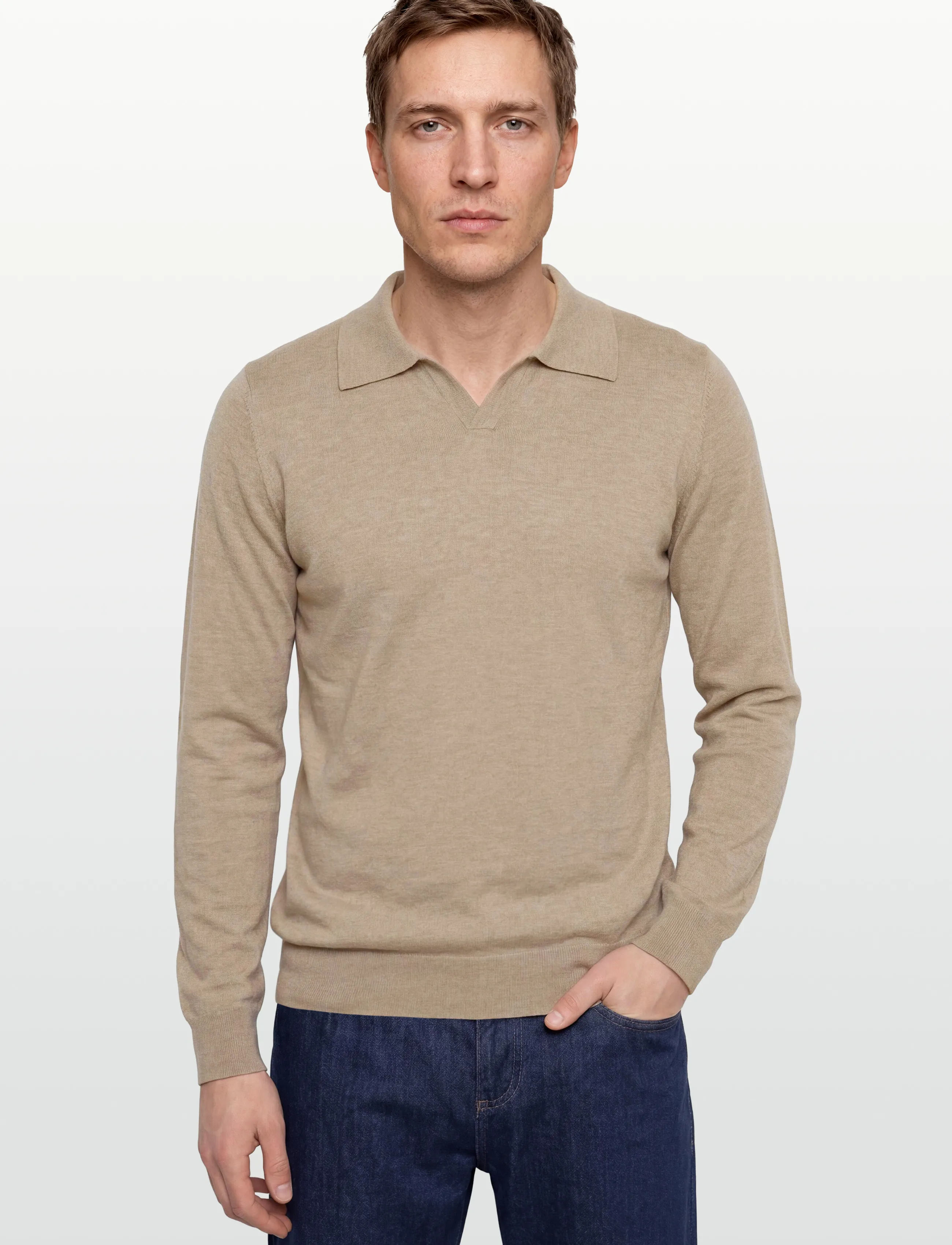 Davida Cashmere - Man Fine Knit Open Collar Sweater - mink - 3