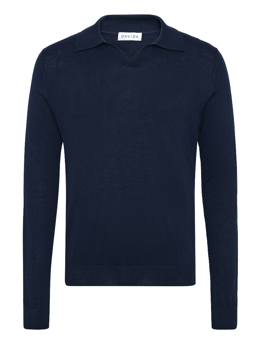 Davida Cashmere - Man Fine Knit Open Collar Sweater - v-ausschnitt - navy - 0