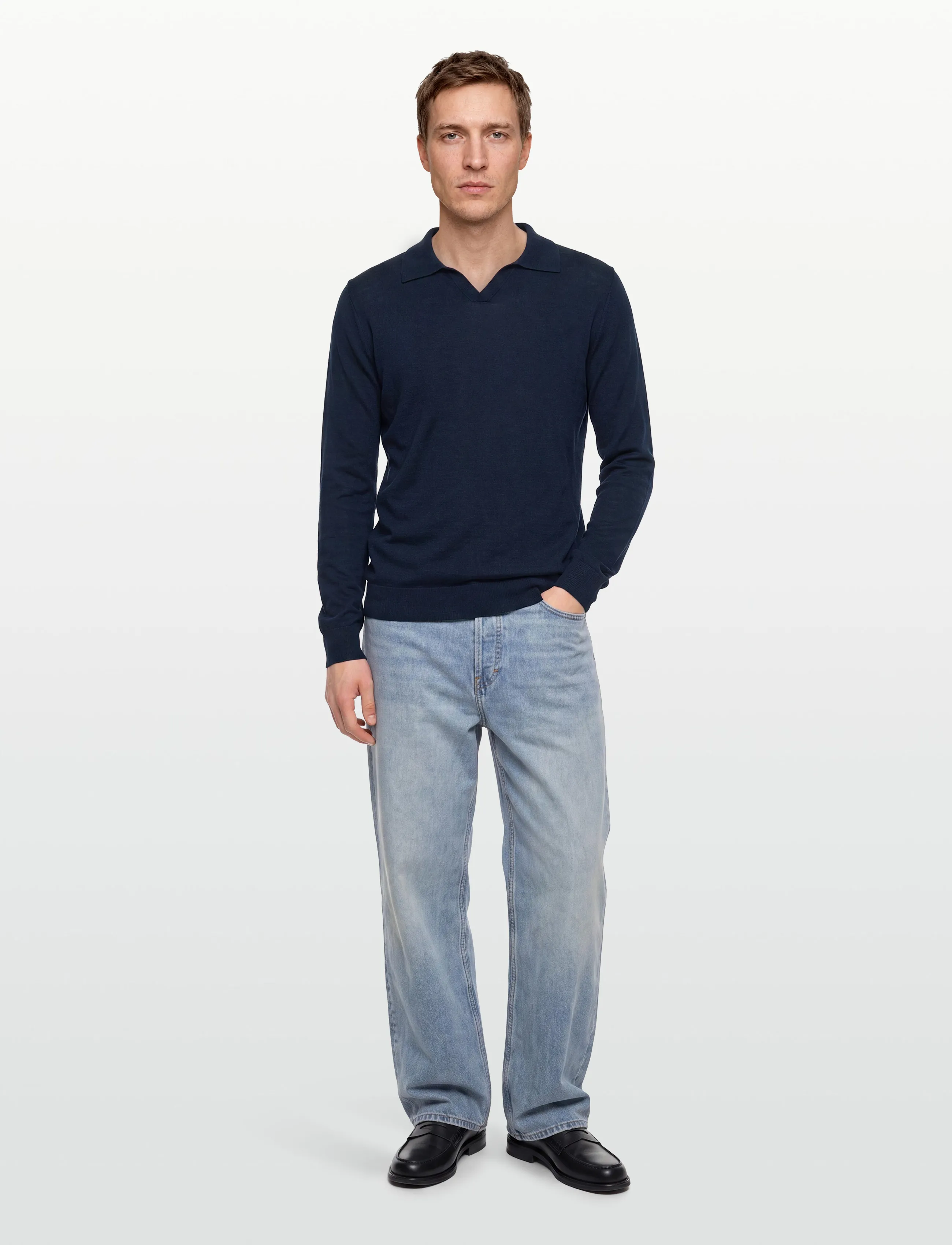 Davida Cashmere Man Fine Knit Open Collar Sweater, XL, Navy, Strik > V-Halse, Herre