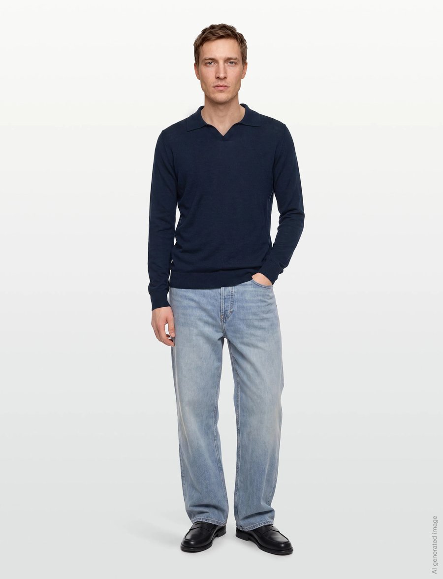 Davida Cashmere - Man Fine Knit Open Collar Sweater - v-ausschnitt - navy - 0