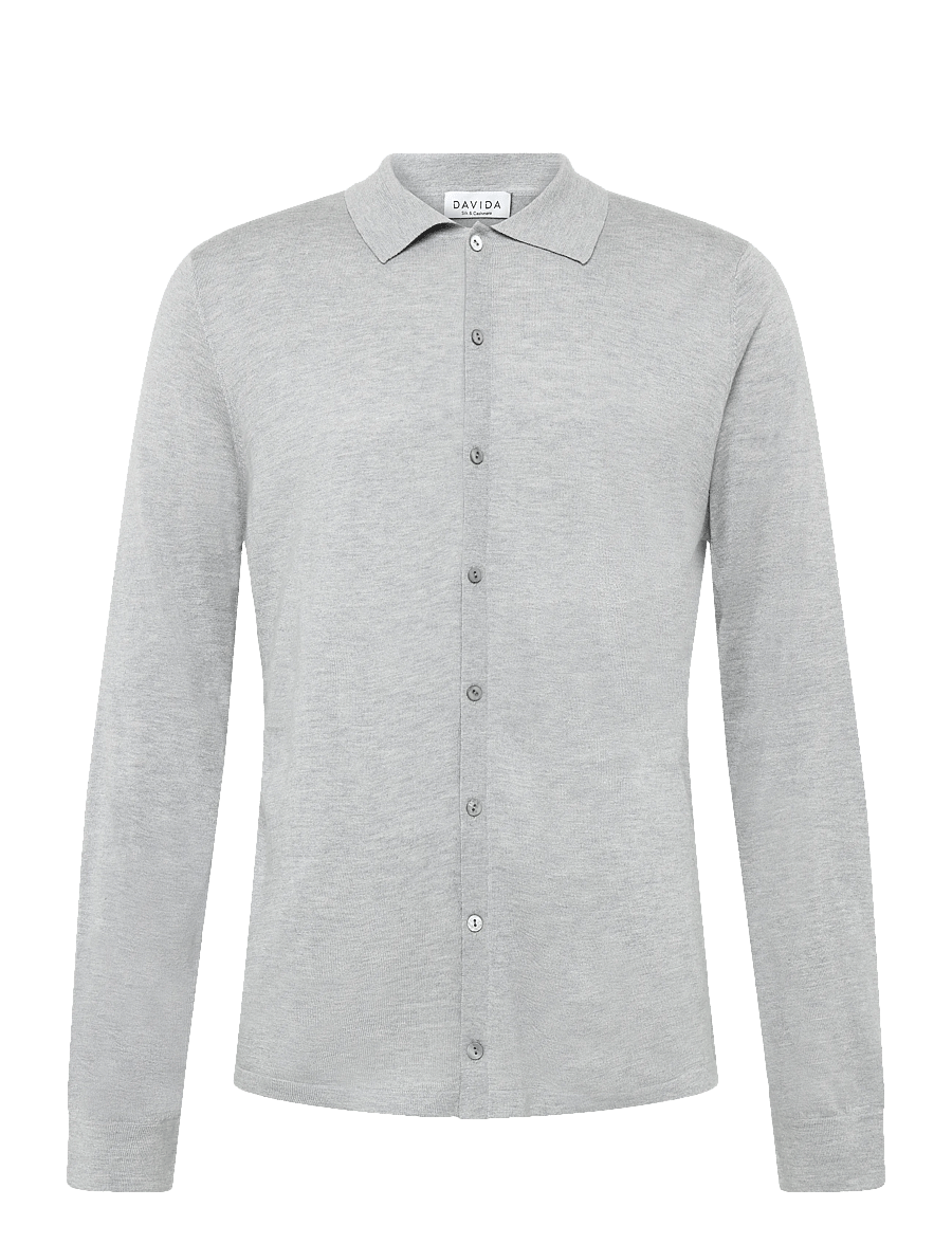 Davida Cashmere - Man Fine Knit Classic Shirt - long-sleeved knitted polos - light grey - 0