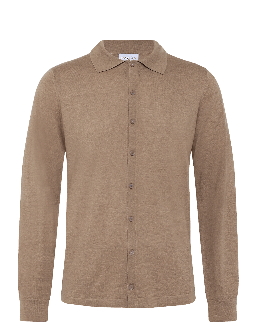 Davida Cashmere - Man Fine Knit Classic Shirt - pikkade varrukatega kootud polod - mink - 1