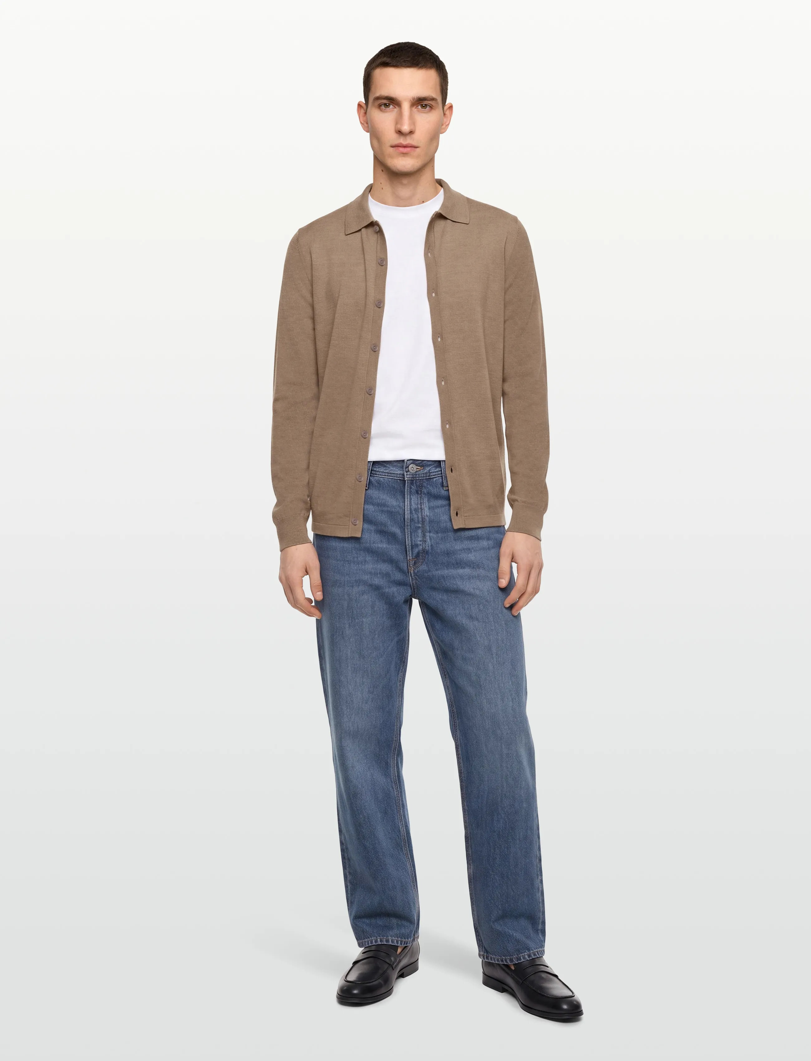 Davida Cashmere Man Fine Knit Classic Shirt, S, Knitwear, Beige - Long Sleeve Knitted Polos, Männerswear