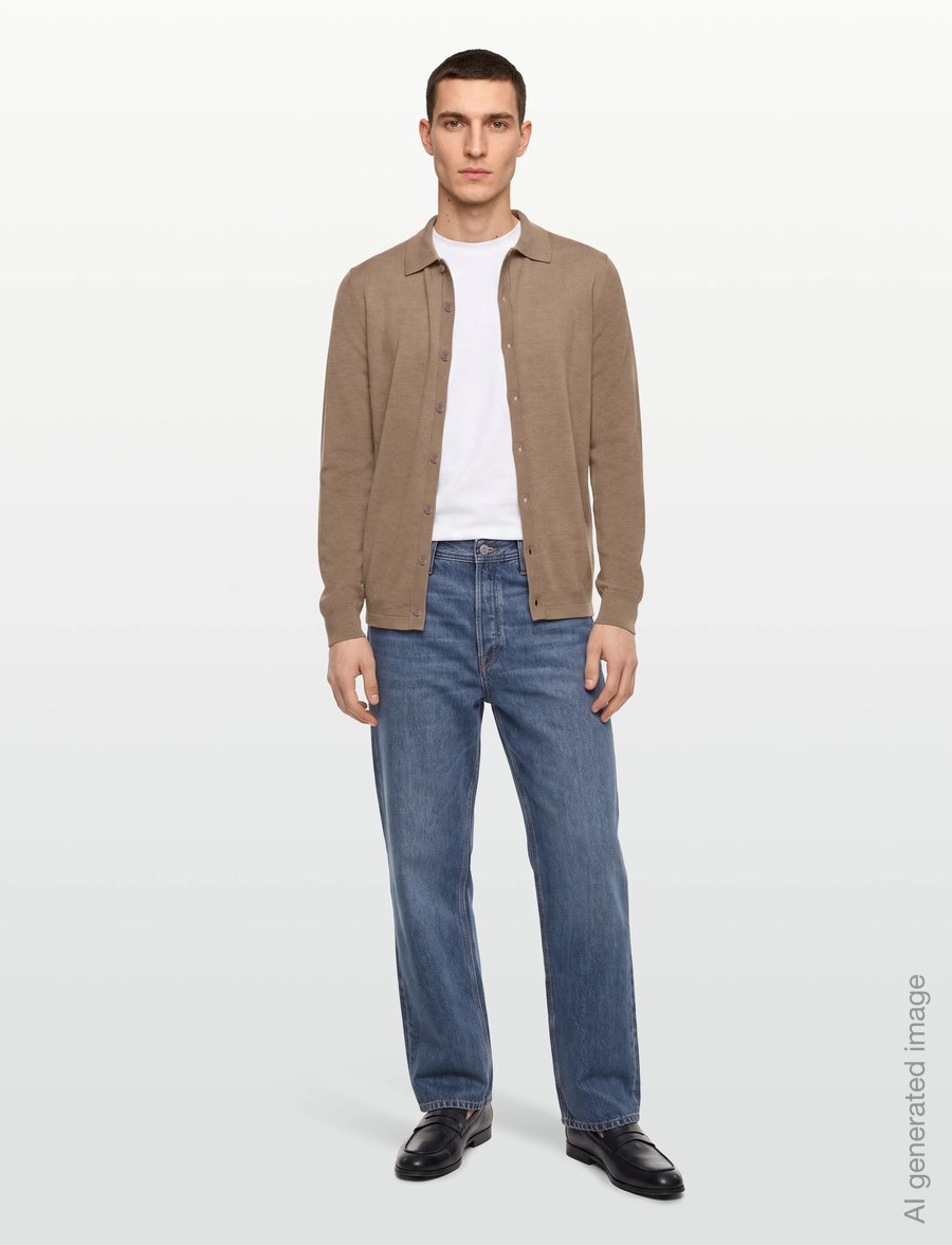 Davida Cashmere - Man Fine Knit Classic Shirt - pikkade varrukatega kootud polod - mink - 0