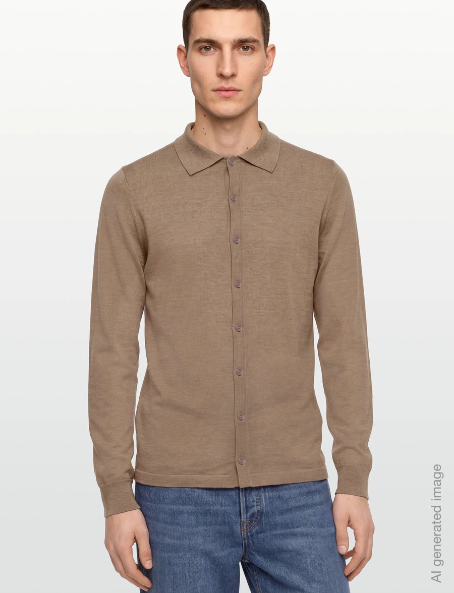 Davida Cashmere - Man Fine Knit Classic Shirt - pikkade varrukatega kootud polod - mink - 3