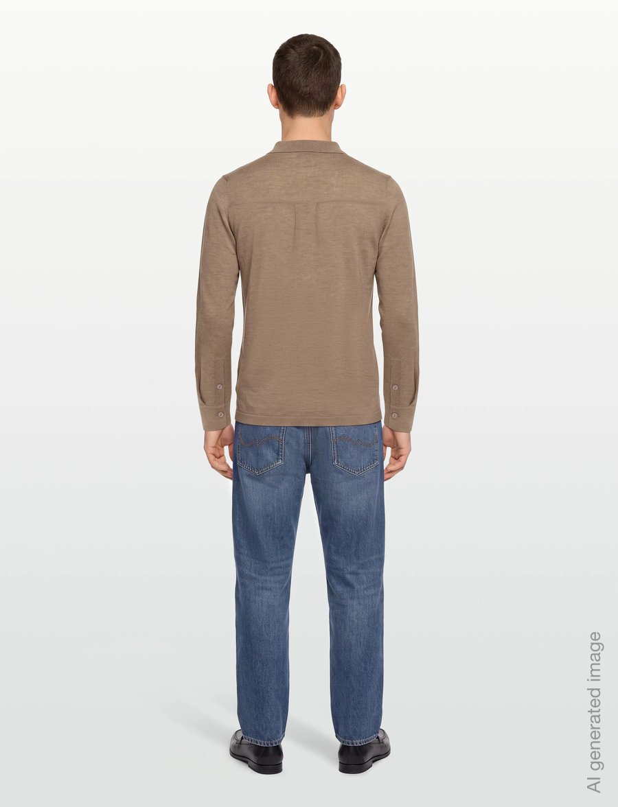 Davida Cashmere - Man Fine Knit Classic Shirt - pikkade varrukatega kootud polod - mink - 4